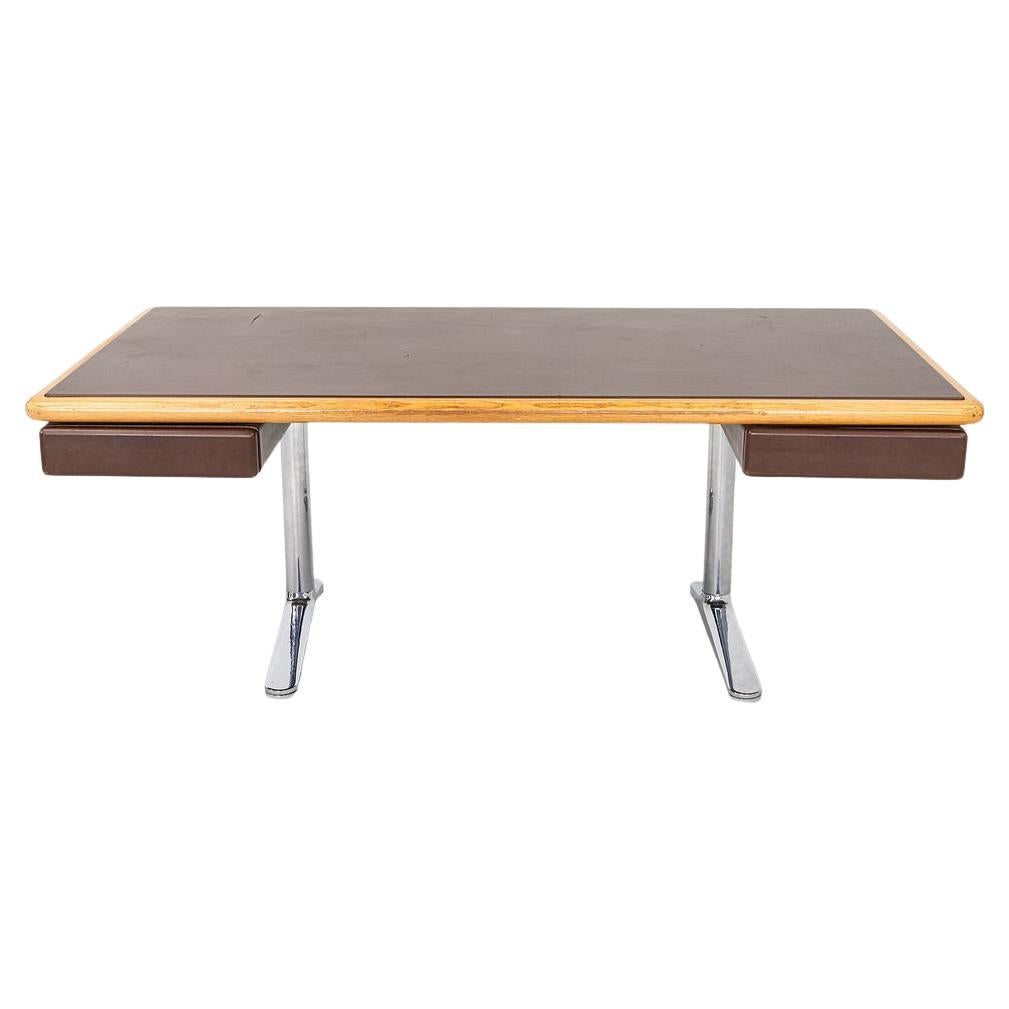 1979 Warren Platner for Knoll Executive Desk in Leather, Oak, and Chromed Steel in vendita