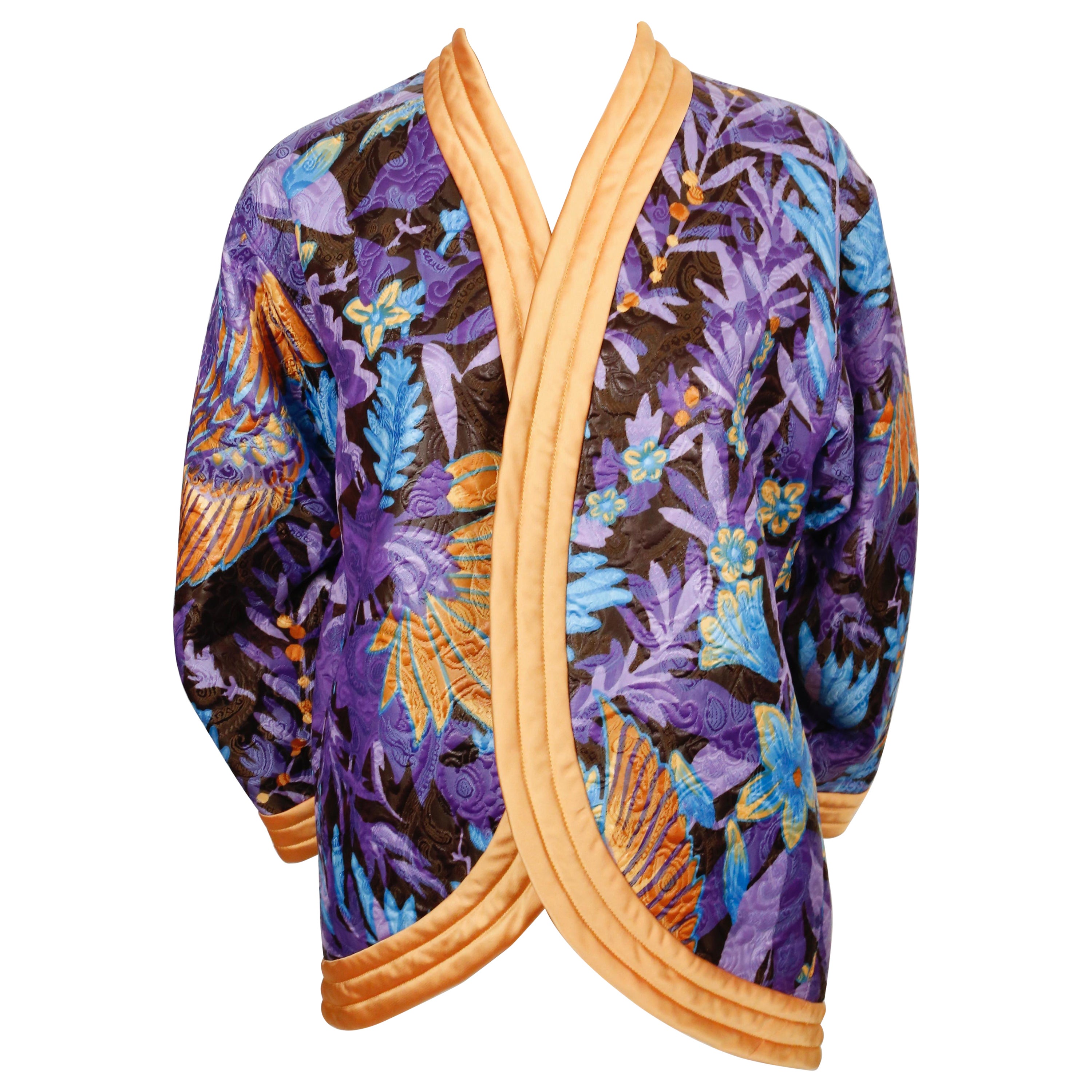 1979 YVES SAINT LAURENT black satin kimono jacket with Asian embroidery For Sale