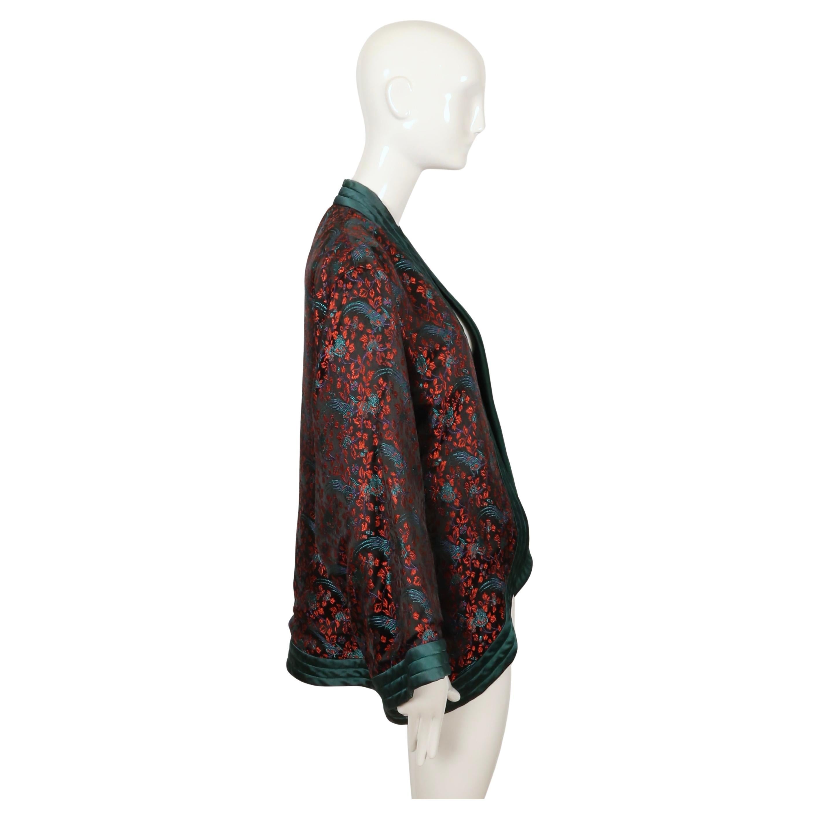 Women's or Men's 1979 YVES SAINT LAURENT black satin kimono jacket with Asian pheasant embroidery