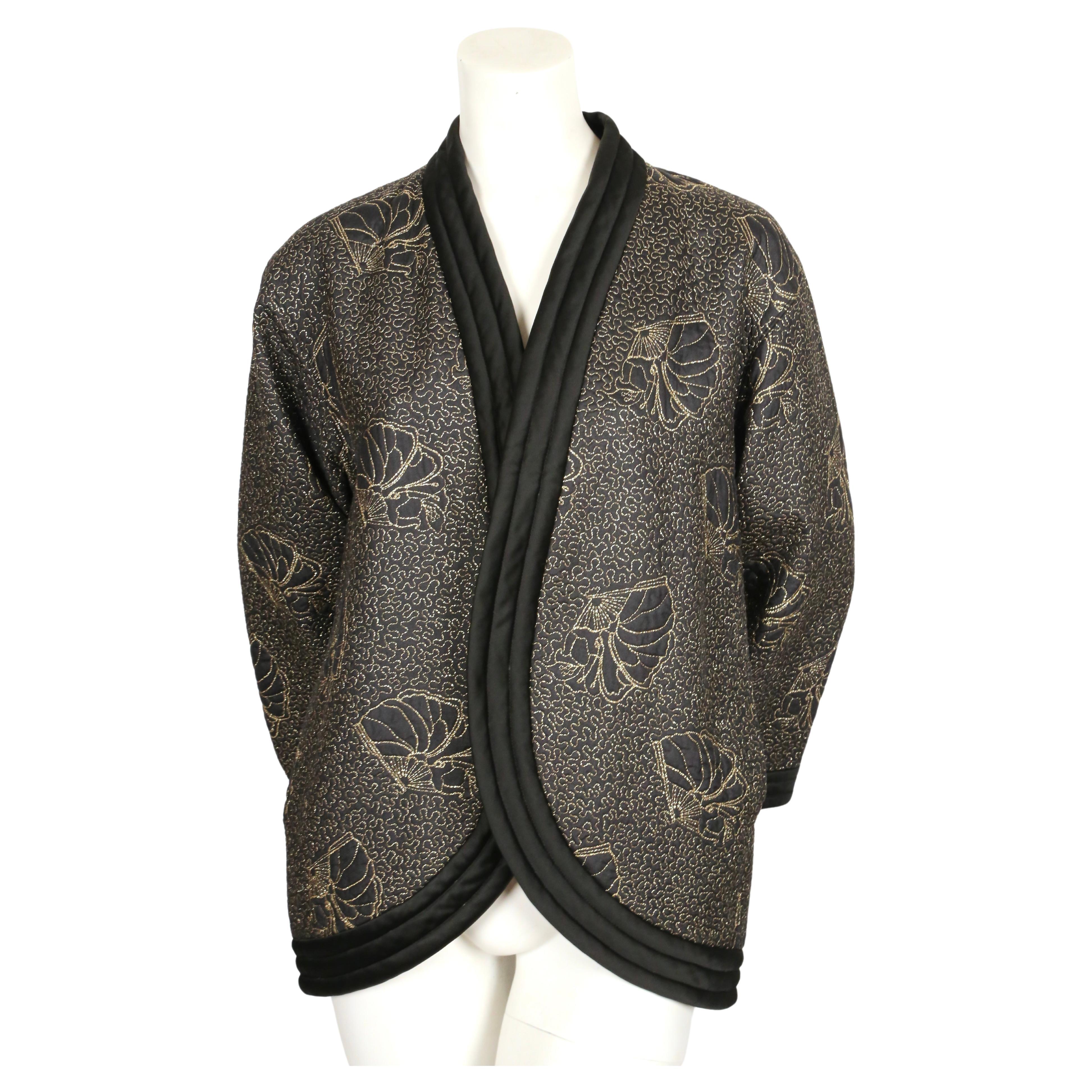 1979 YVES SAINT LAURENT black satin kimono jacket with gold seashell embroidery In Excellent Condition For Sale In San Fransisco, CA