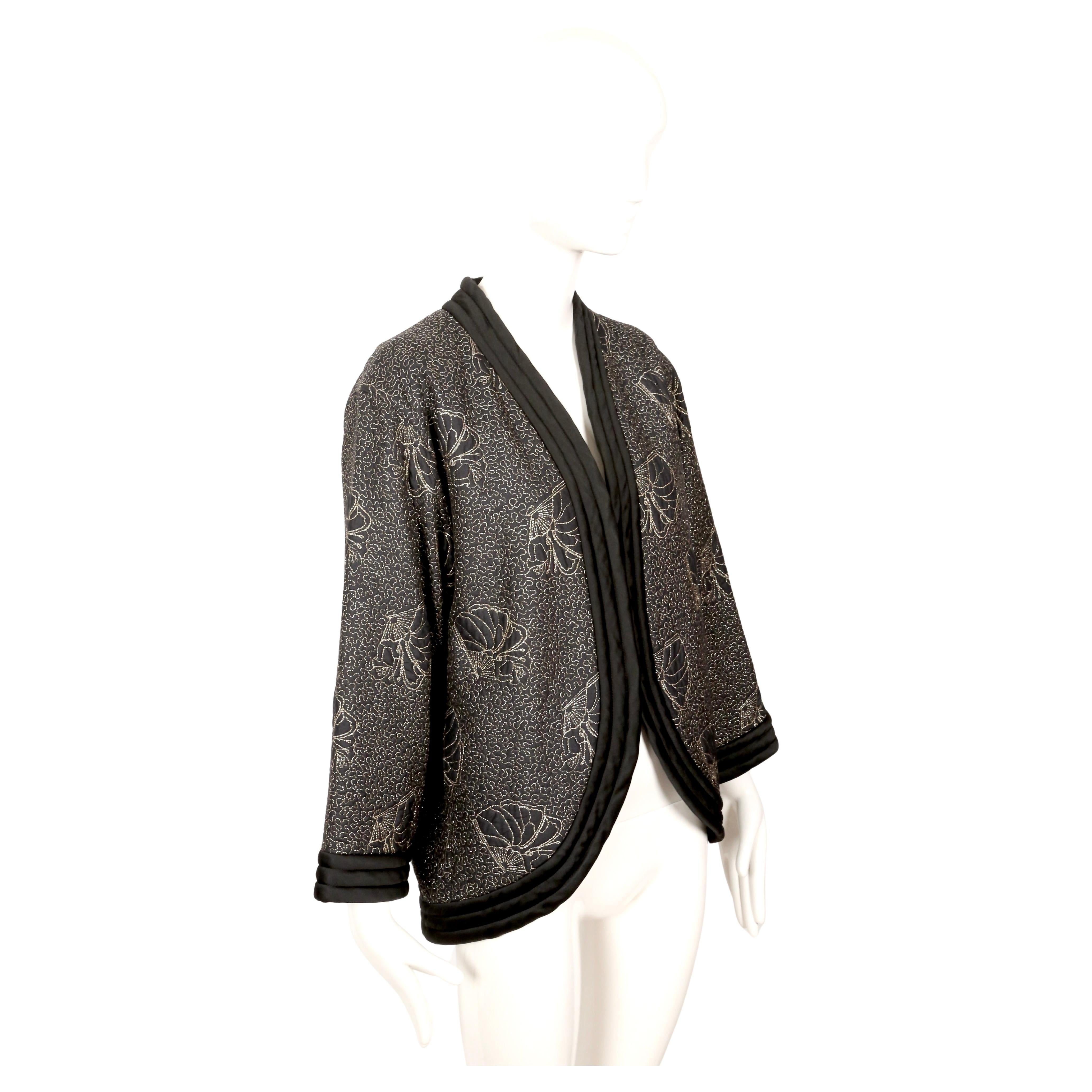 Women's or Men's 1979 YVES SAINT LAURENT black satin kimono jacket with gold seashell embroidery For Sale