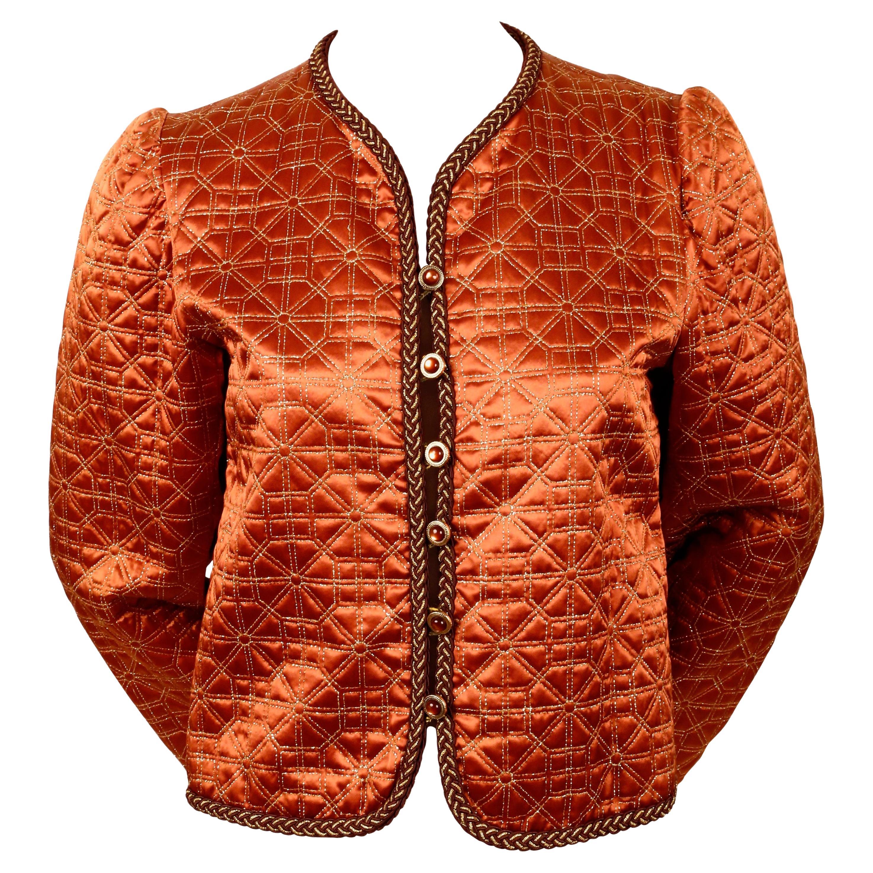 1979 YVES SAINT LAURENT copper silk matelasse quilted runway jacket For Sale