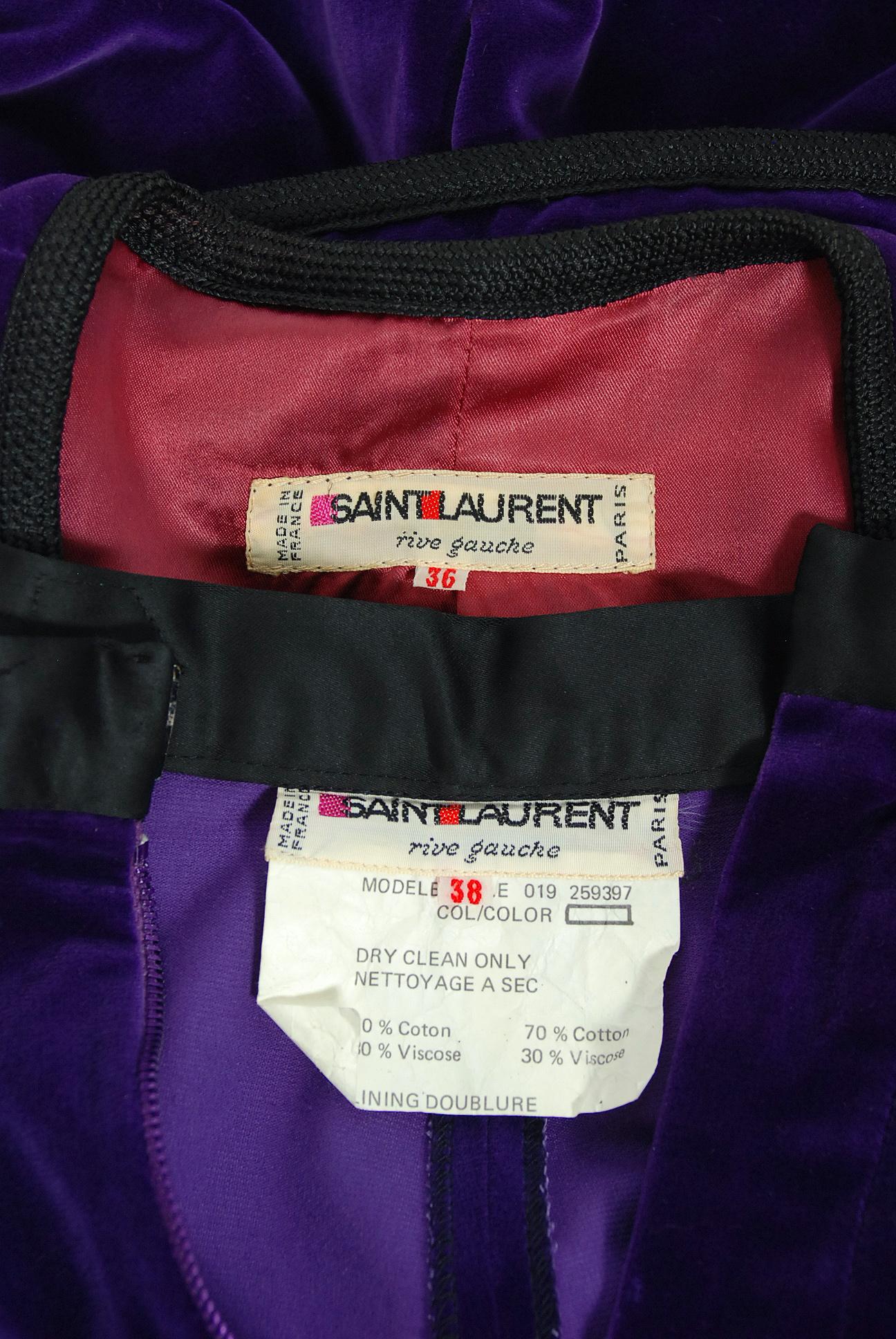 Vintage 1979 Yves Saint Laurent Documented Purple Velvet Jacket Knicker Pantsuit For Sale 2
