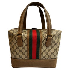1970s Vintage GUCCI Web Monogram Canvas Vanity Hand Bag Brown Small