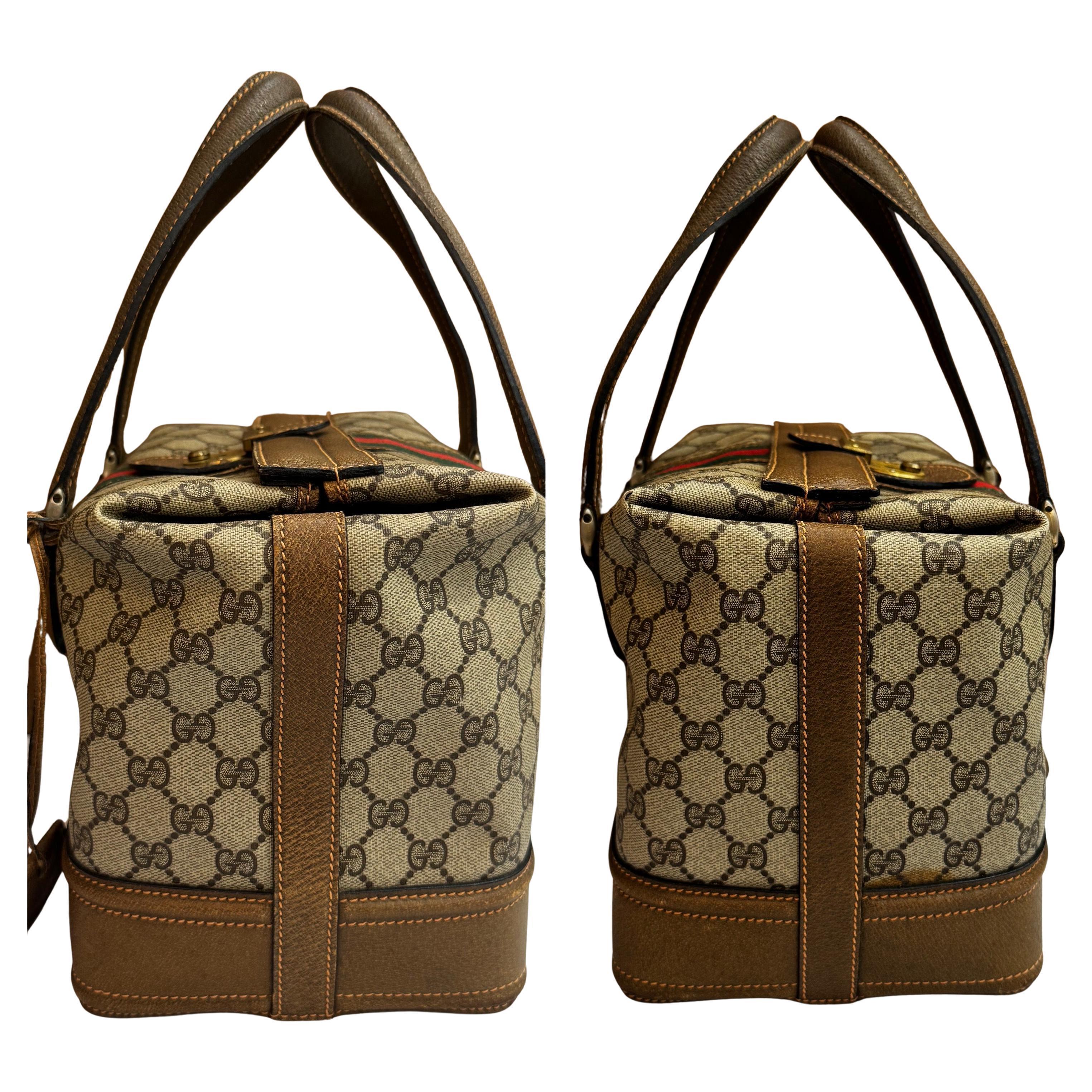1979s  Vintage GUCCI Web Monogram Canvas Vanity Hand Bag Brown Small For Sale 1