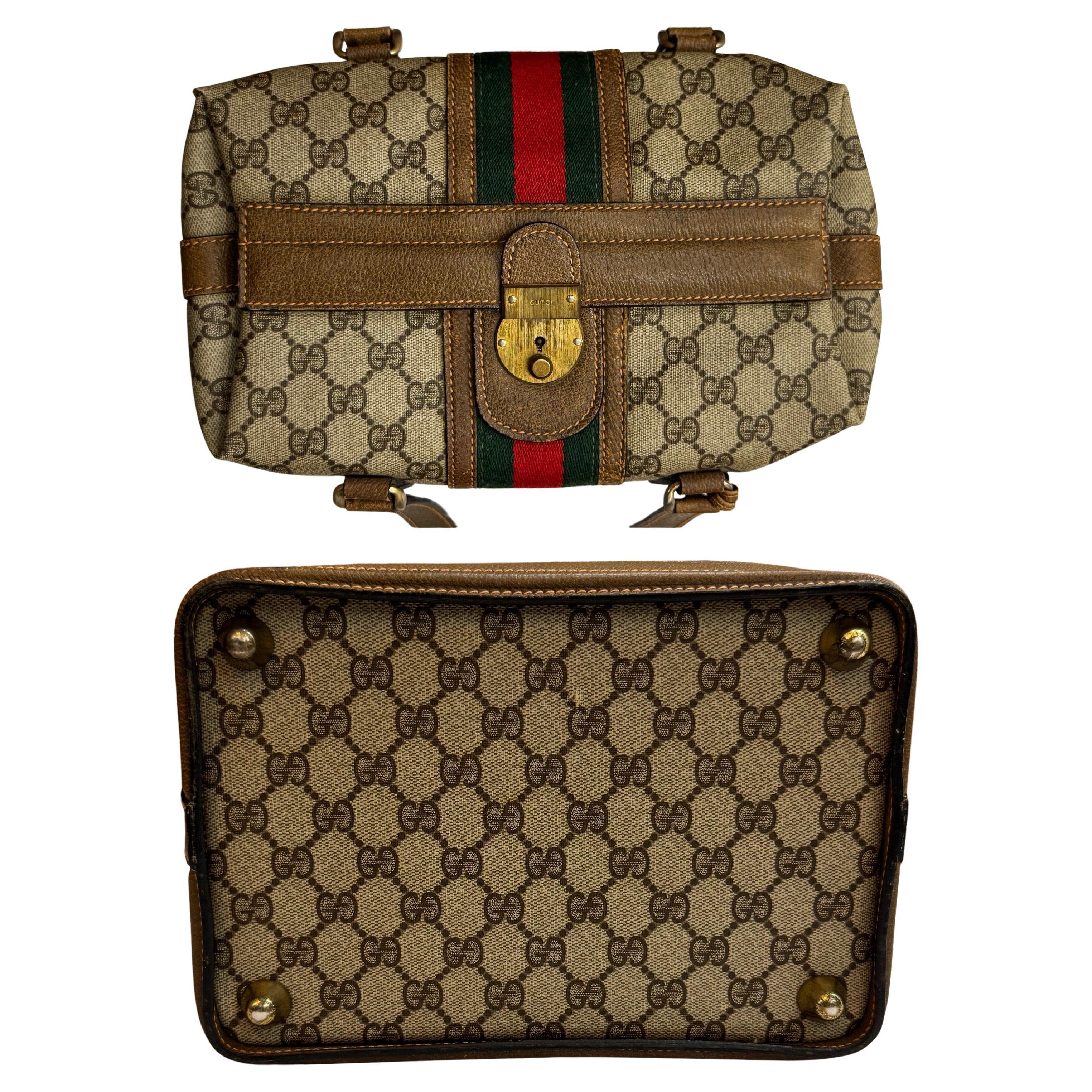 1979s  Vintage GUCCI Web Monogram Canvas Vanity Hand Bag Brown Small For Sale 2