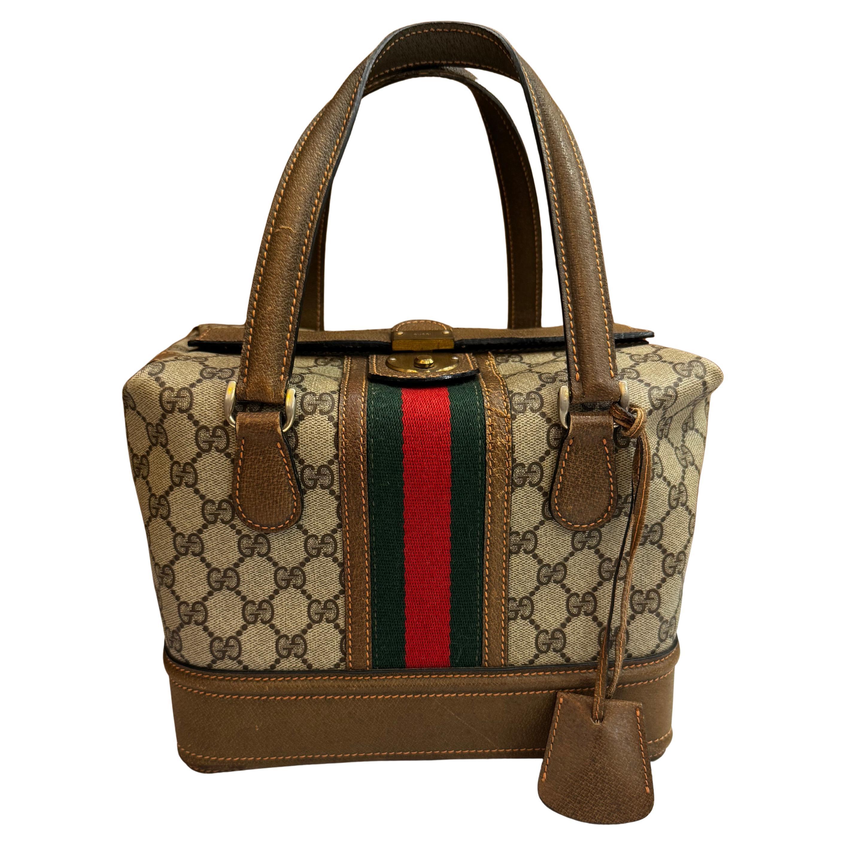 1979s  Vintage GUCCI Web Monogram Canvas Vanity Hand Bag Brown Small For Sale