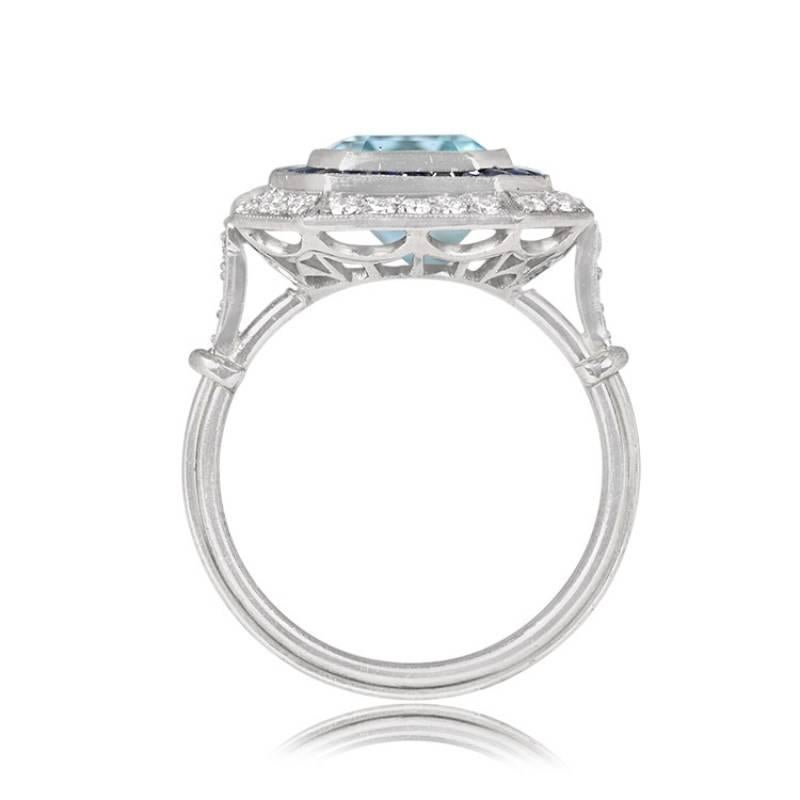 1.97ct Asscher Cut Aquamarine Engagement Ring, Diamond & Sapphire Halo, Platinum In Excellent Condition For Sale In New York, NY