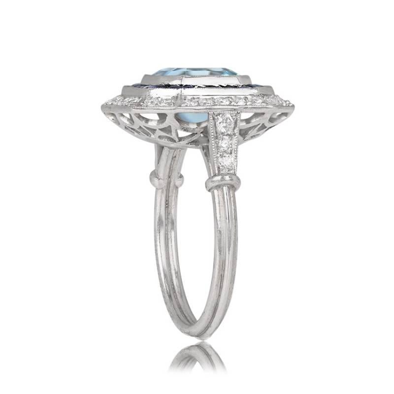 Art Deco 1.97ct Asscher Cut Aquamarine Engagement Ring, Diamond & Sapphire Halo, Platinum For Sale