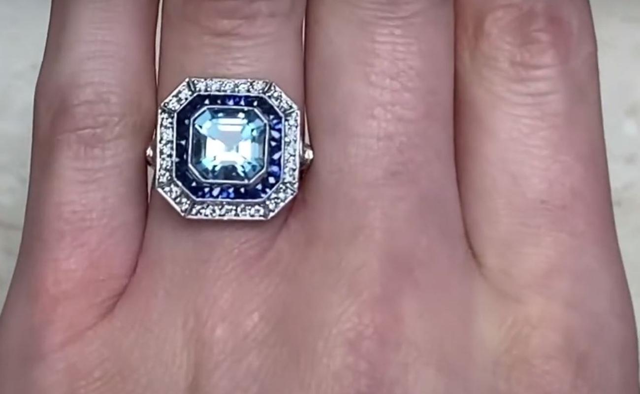 Women's 1.97ct Asscher Cut Aquamarine Engagement Ring, Diamond & Sapphire Halo, Platinum For Sale