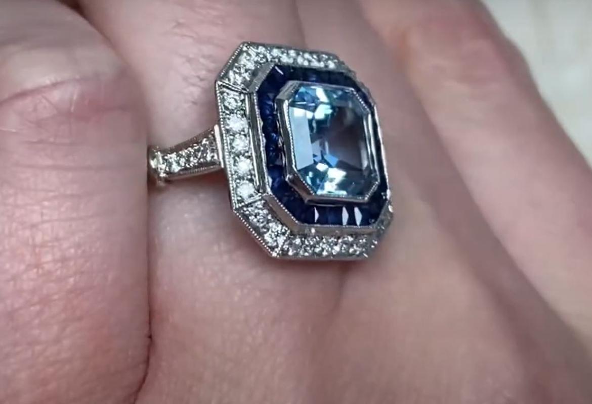 1.97ct Asscher Cut Aquamarine Engagement Ring, Diamond & Sapphire Halo, Platinum For Sale 1