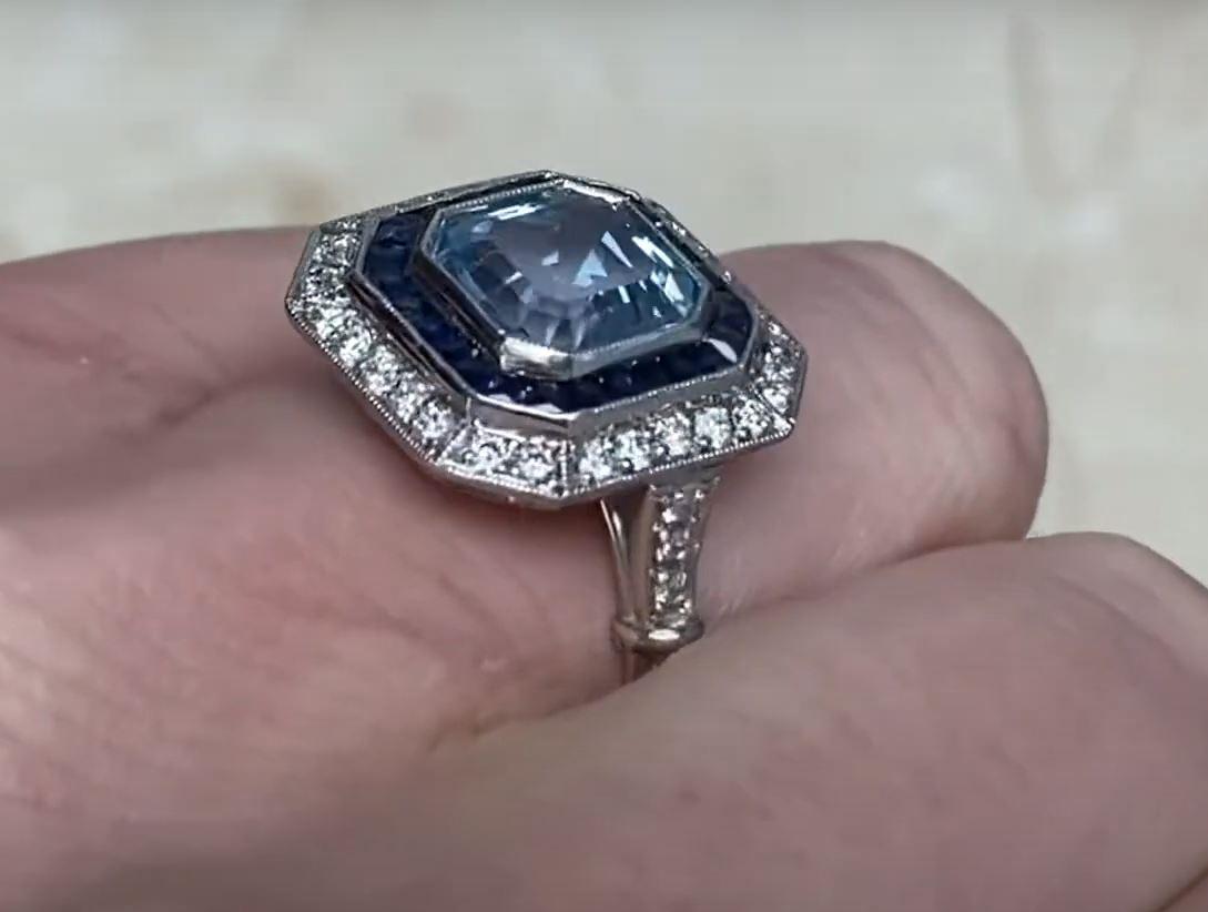 1.97ct Asscher Cut Aquamarine Engagement Ring, Diamond & Sapphire Halo, Platinum For Sale 2