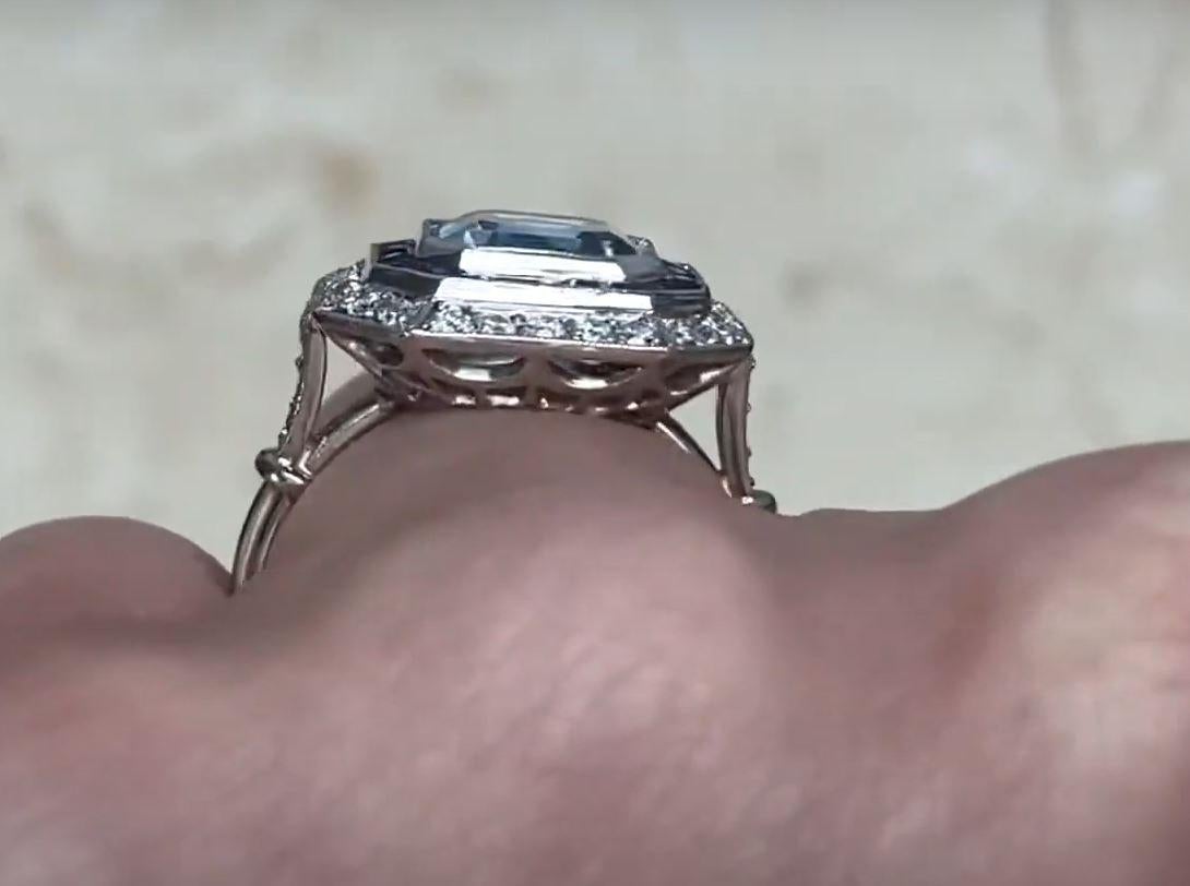 1.97ct Asscher Cut Aquamarine Engagement Ring, Diamond & Sapphire Halo, Platinum For Sale 3