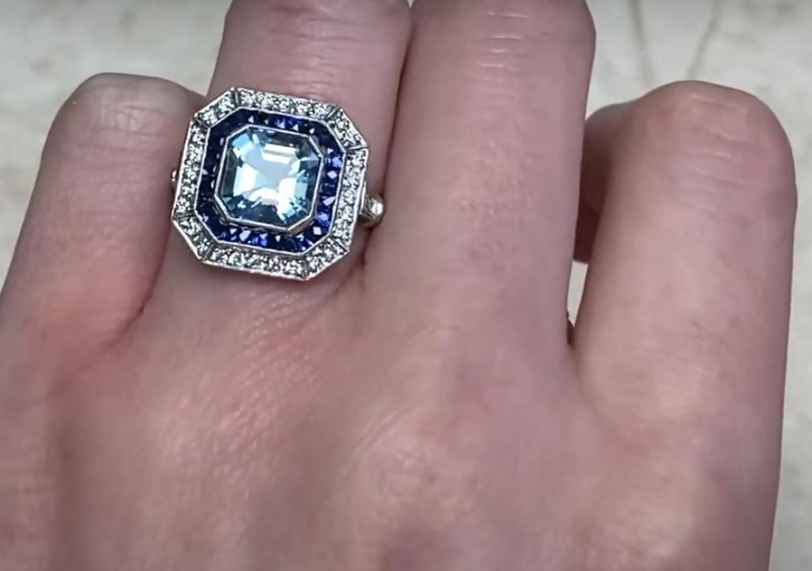 1.97ct Asscher Cut Aquamarine Engagement Ring, Diamond & Sapphire Halo, Platinum For Sale 4