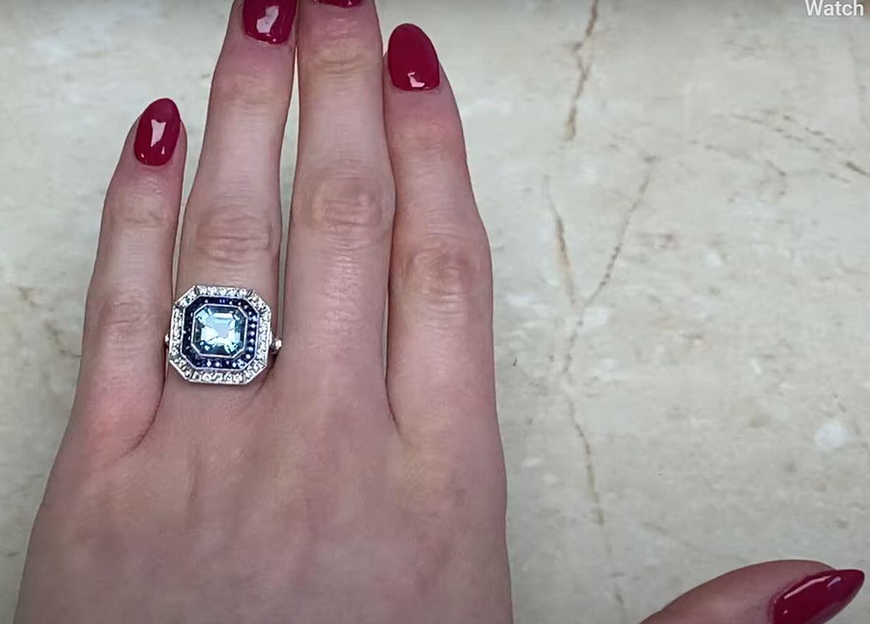 1.97ct Asscher Cut Aquamarine Engagement Ring, Diamond & Sapphire Halo, Platinum For Sale 5