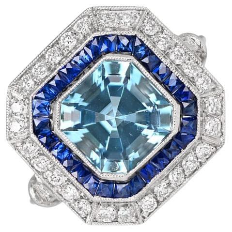 1.97ct Asscher Cut Aquamarine Engagement Ring, Diamond & Sapphire Halo, Platinum For Sale