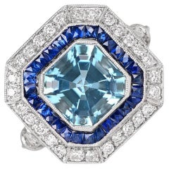 1.97ct Asscher Cut Aquamarine Engagement Ring, Diamond & Sapphire Halo, Platinum