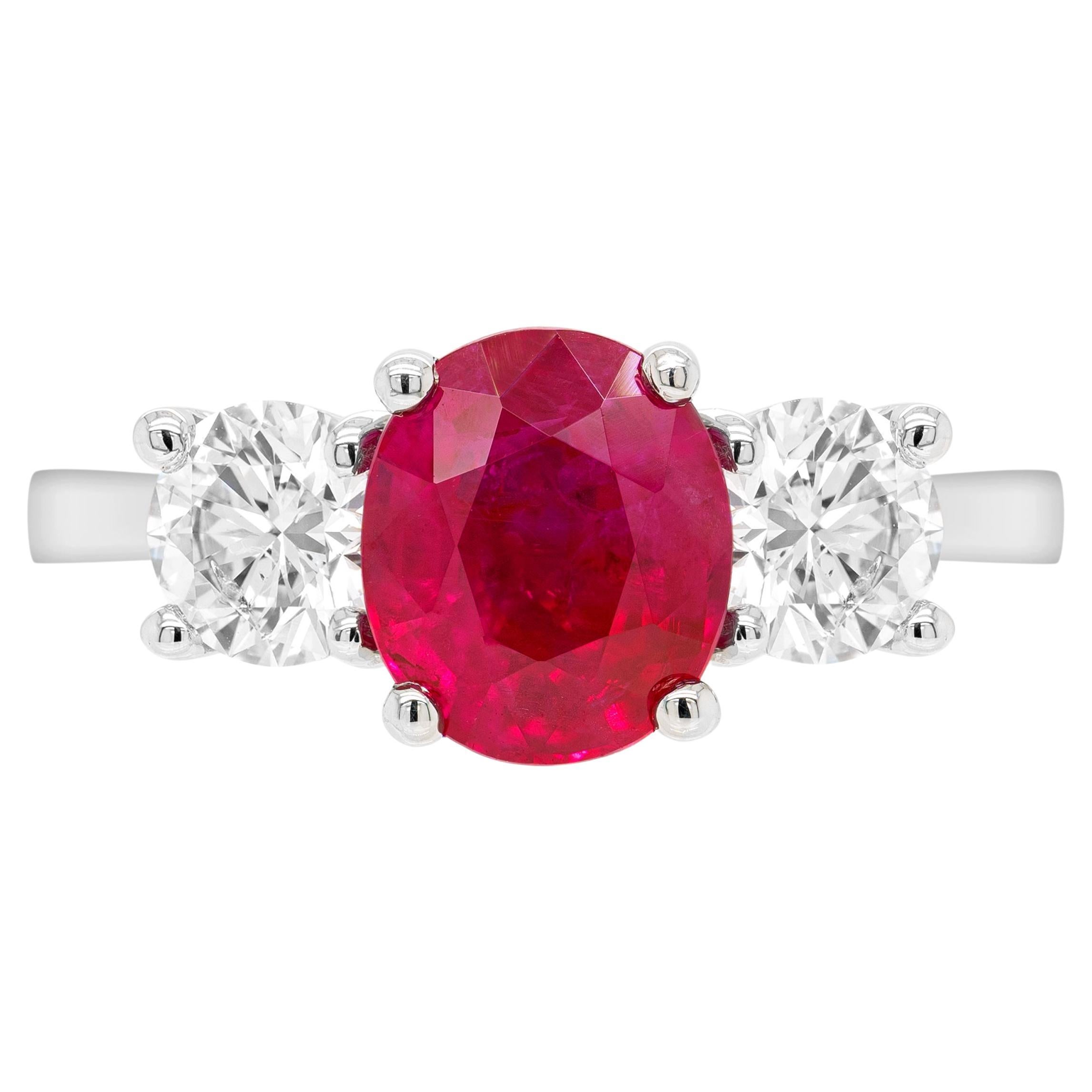 1.97ct Ruby and Diamond Three Stone Platinum Engagement Ring For Sale