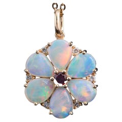 1.97ct Solid Australian Opal Floral Style Pendant Diamond Garnet Accent 14K Gold