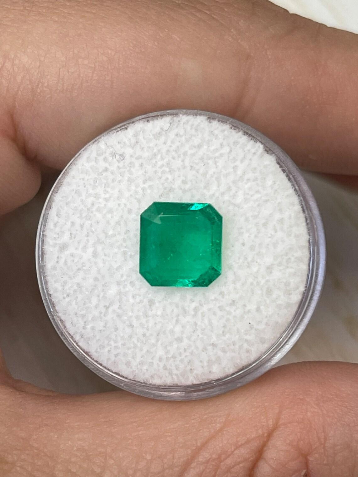 Stone: Emerald
Weight: 1.97-carats
Shape: Asscher Cut
Clarity: Transparent
Luster: Excellent-Very Good
Color: Vivid Green
Measurements: 8.44mm x 8.26mm x 4.03mm
Geographic Origin: Colombia
Treatment: Natural, Oiling

Comments: Due to their growth