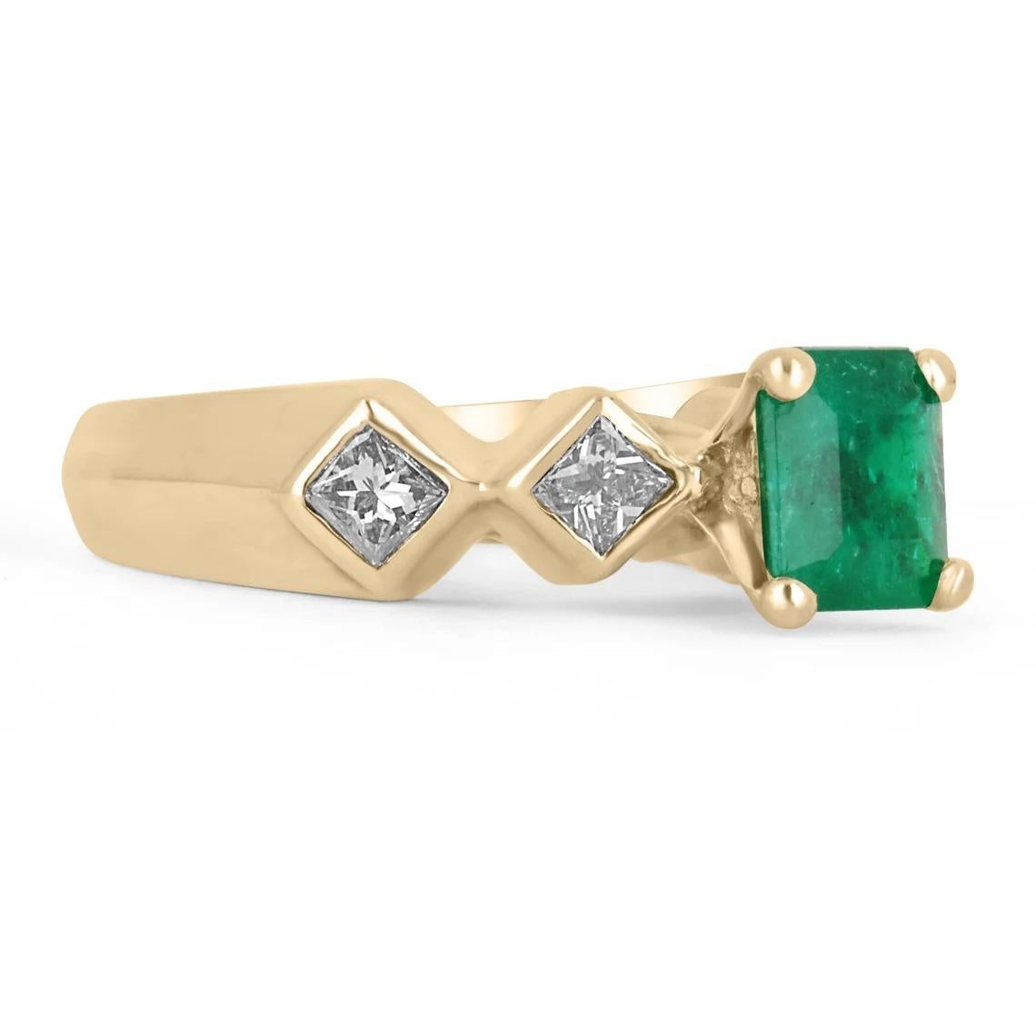 Setting: Solitaire with Accents
Metal Purity: 14K Yellow Gold
Metal Weight: 6.0 Grams

Main Stone: Emerald
Shape: Emerald Cut
Approx Weight: 1.45-Carats
Color: Dark Green
Clarity: Translucent
Luster: Excellent-Very Good
Origin: Colombia
Treatment: