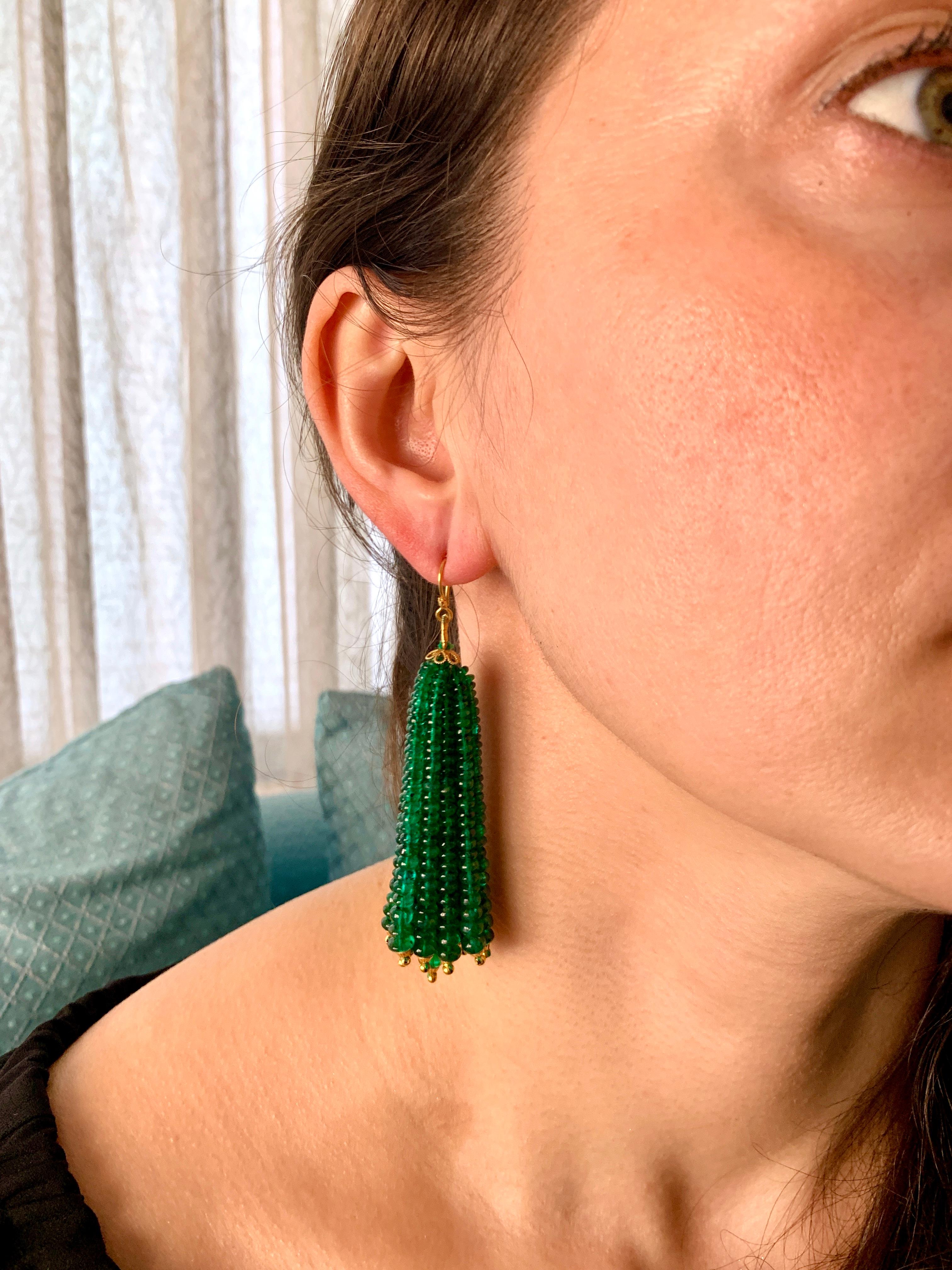 198 Carat Colombian Emerald Beads Hanging Drop Earrings 18 Karat Gold For Sale 7