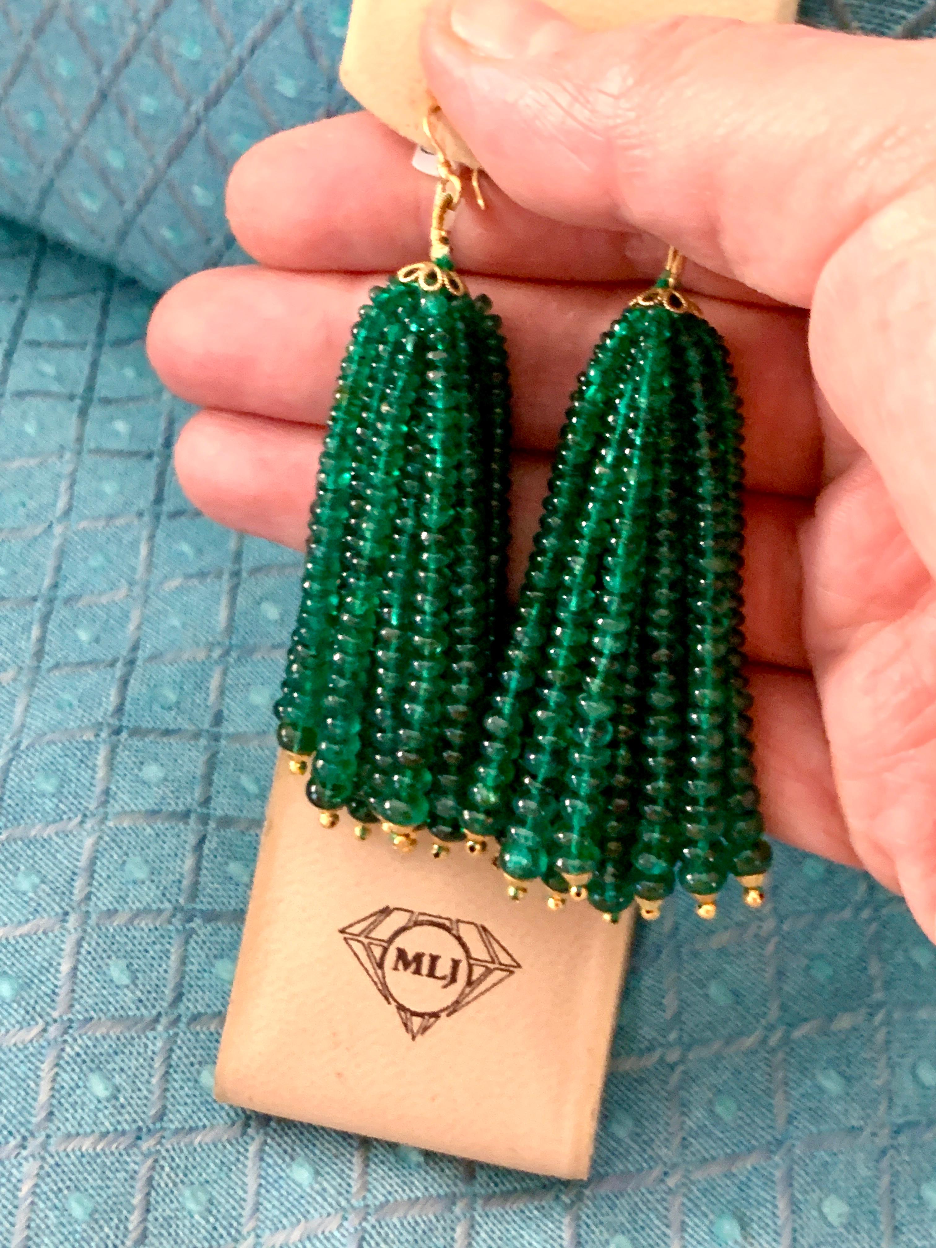 198 Carat Colombian Emerald Beads Hanging Drop Earrings 18 Karat Gold For Sale 8