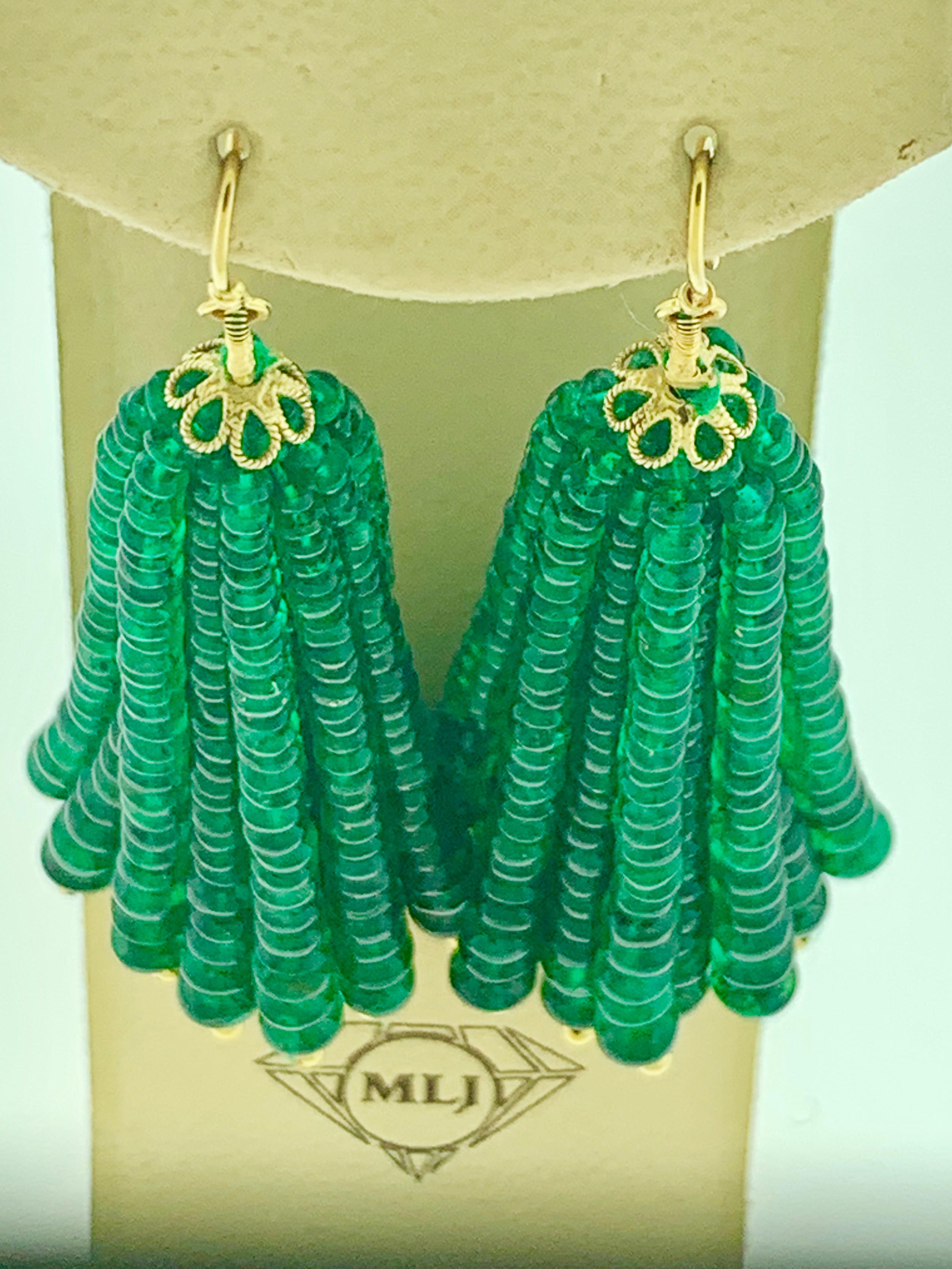 198 Carat Colombian Emerald Beads Hanging Drop Earrings 18 Karat Gold In Excellent Condition For Sale In New York, NY