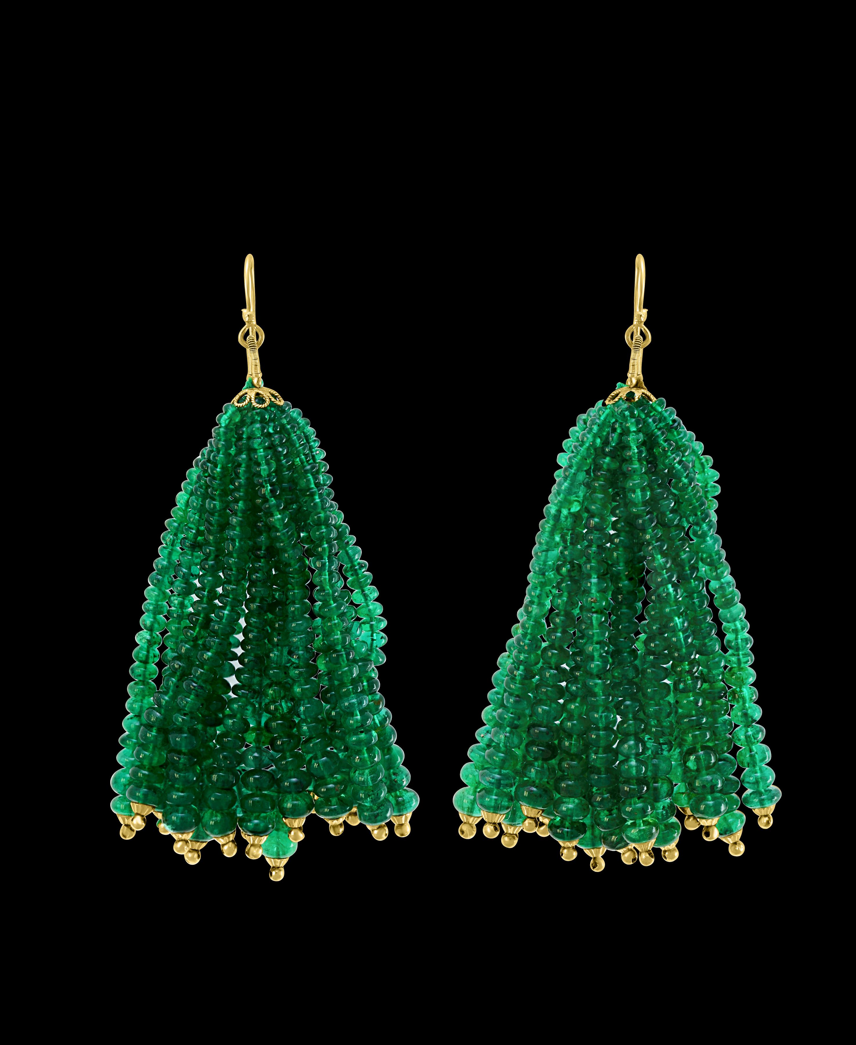 Women's 198 Carat Colombian Emerald Beads Hanging Drop Earrings 18 Karat Gold For Sale