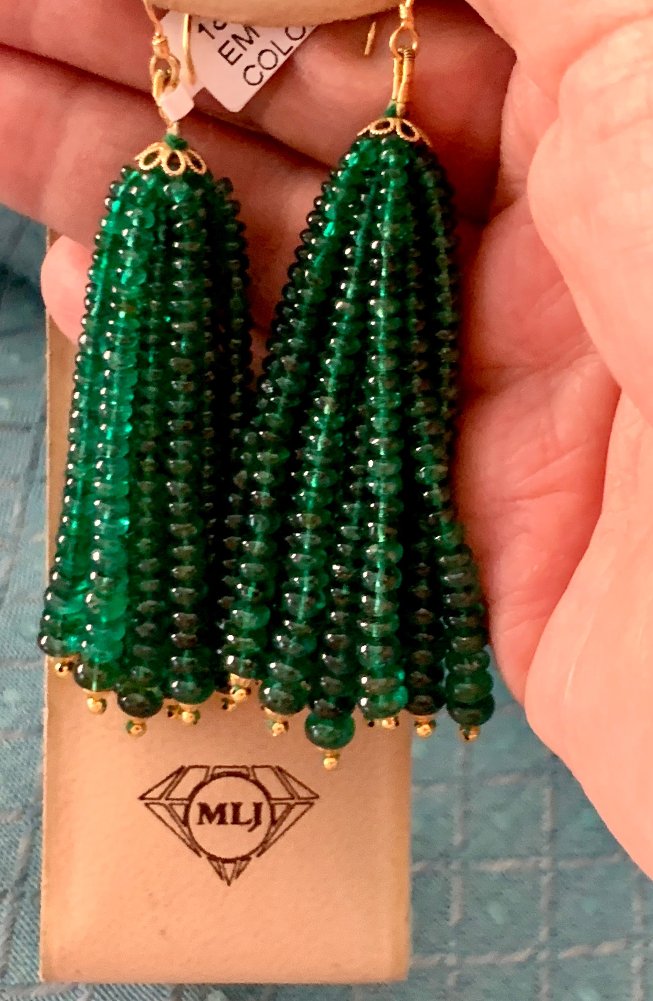198 Carat Colombian Emerald Beads Hanging Drop Earrings 18 Karat Gold For Sale 1