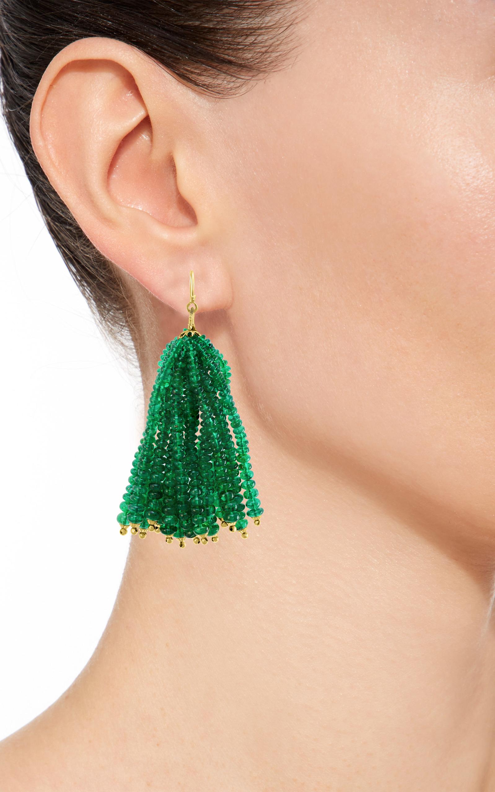 198 Carat Colombian Emerald Beads Hanging Drop Earrings 18 Karat Gold For Sale 4