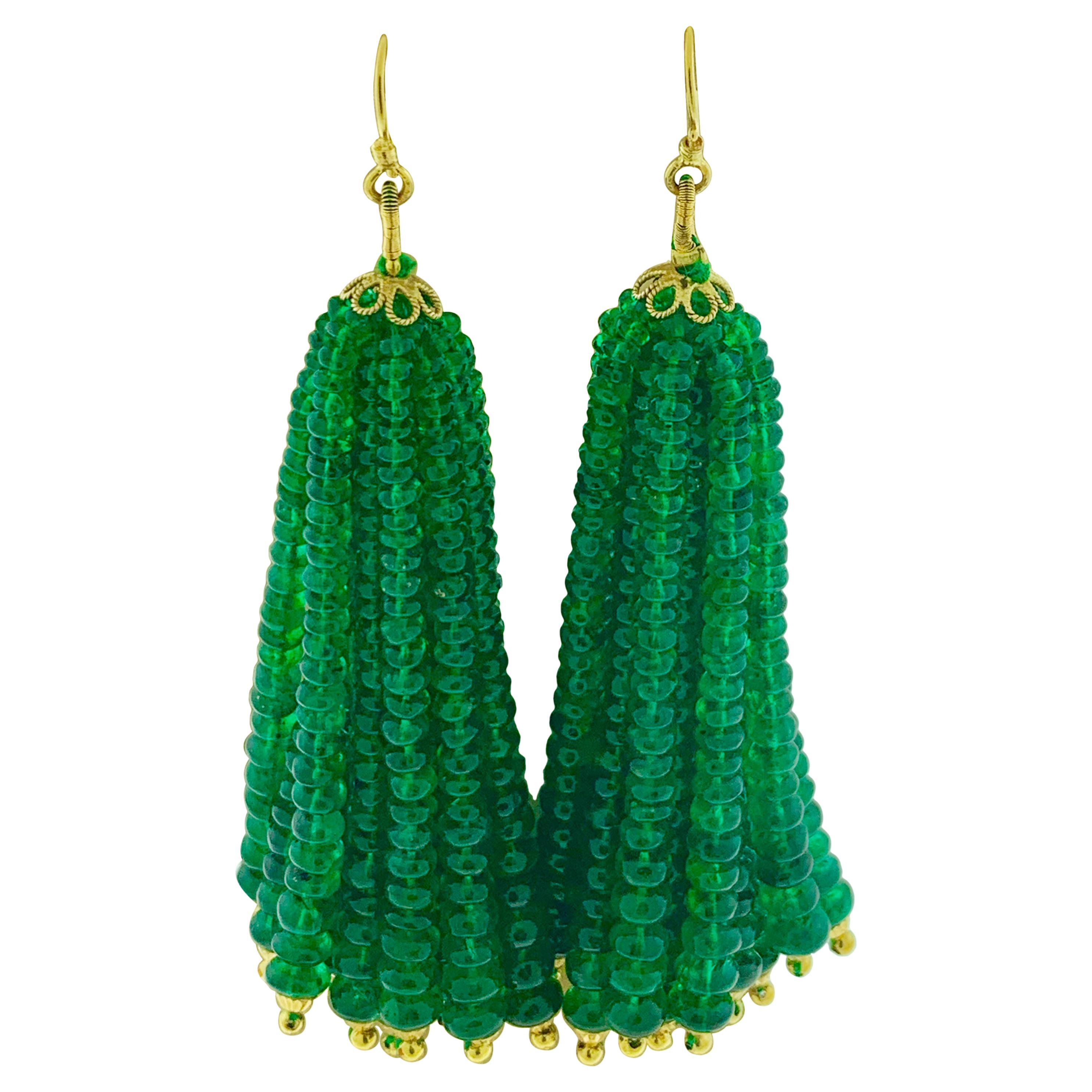 198 Carat Colombian Emerald Beads Hanging Drop Earrings 18 Karat Gold For Sale