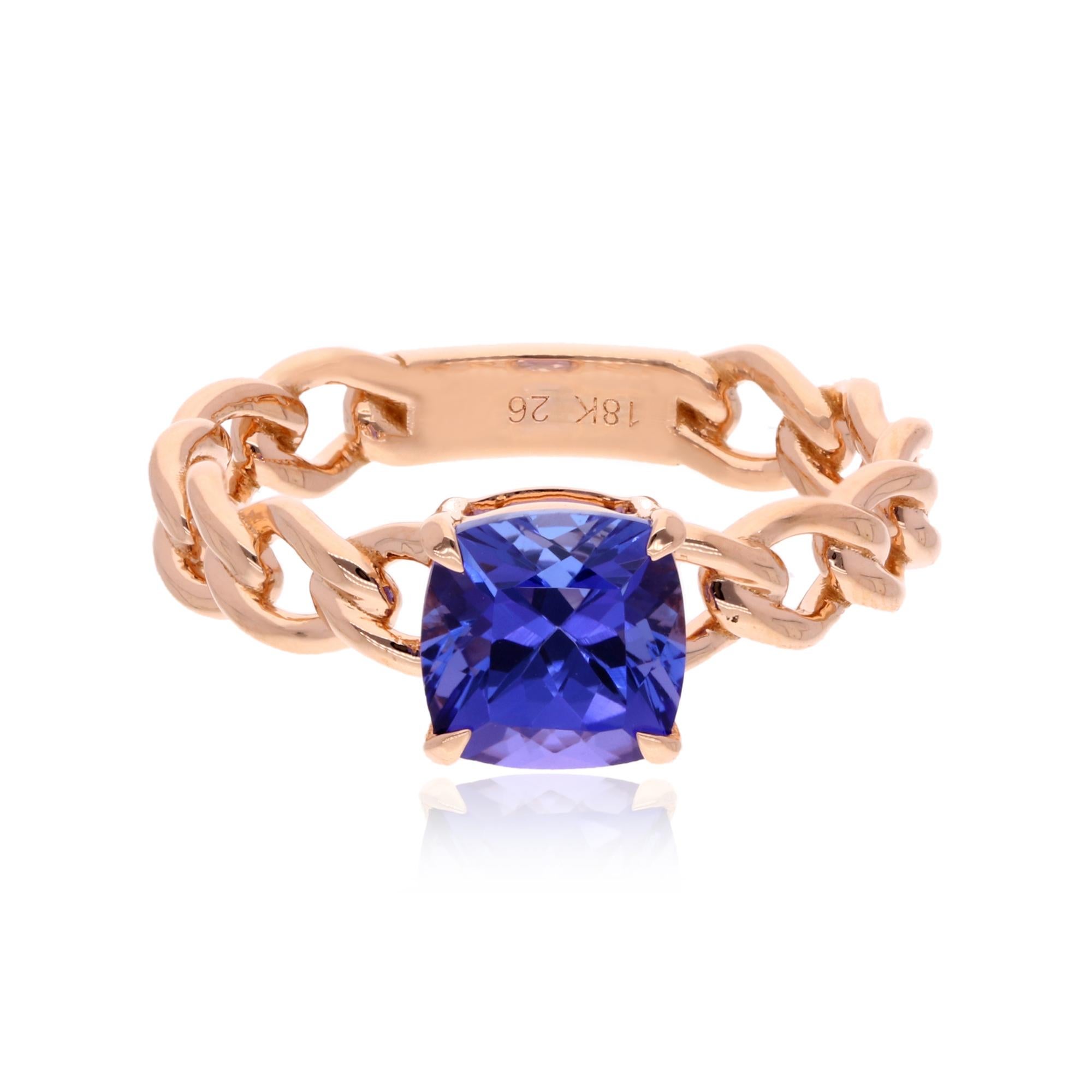1.98 Carat Cushion Tanzanite Birthstone Solitaire Ring 14 Karat Rose Gold