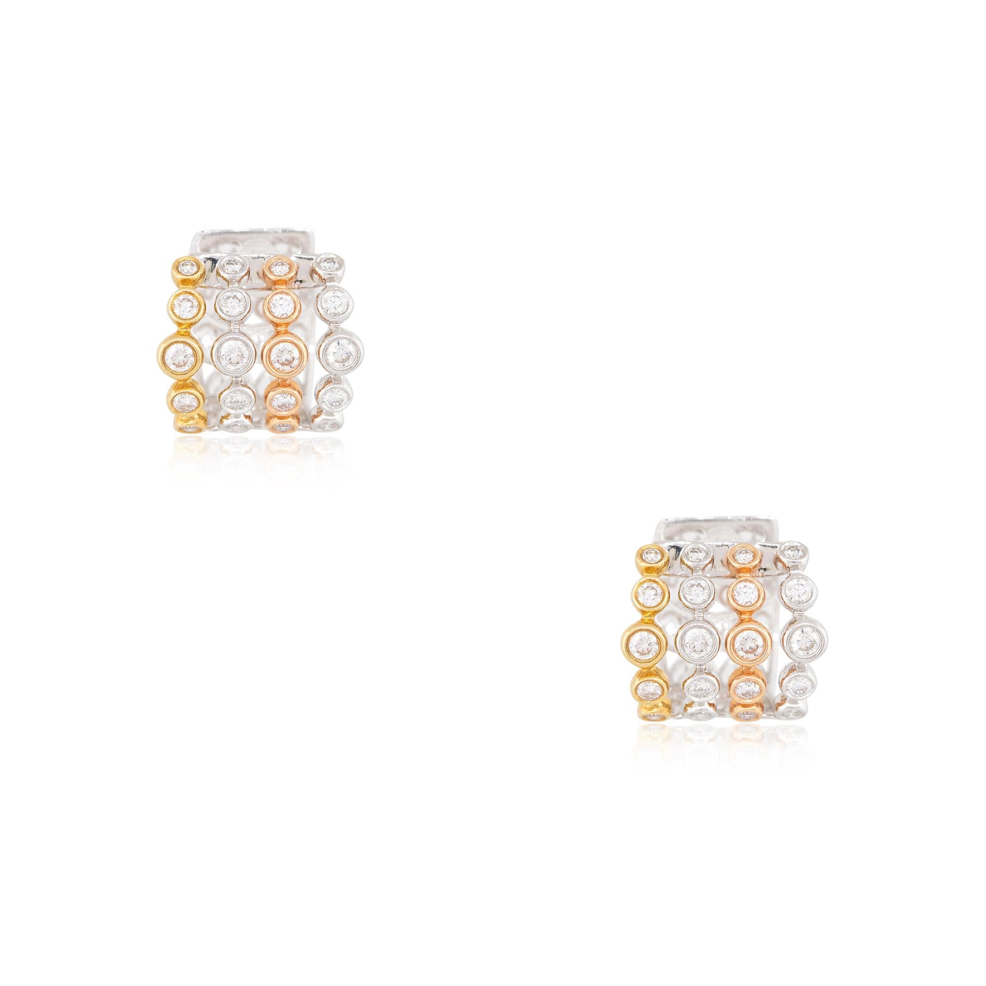 18k Tri-Color Gold 1.98ctw Diamond 5-Row Bezel Set Hoop Earrings

Product: 5-Row Bezel Set Diamond Earrings
Material: 18k White Gold, 18k Rose Gold, 18k Yellow Gold
Diamond Details: There are approximately 1.98 carats of Round Brilliant cut