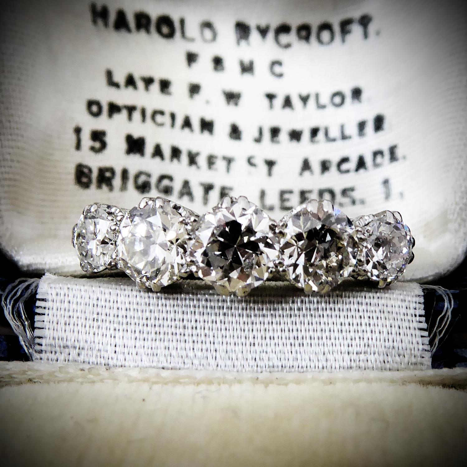 Art Deco 1.98 Carat Diamond Ring, Five Early Brilliant Cut Diamonds, Pre-1930s