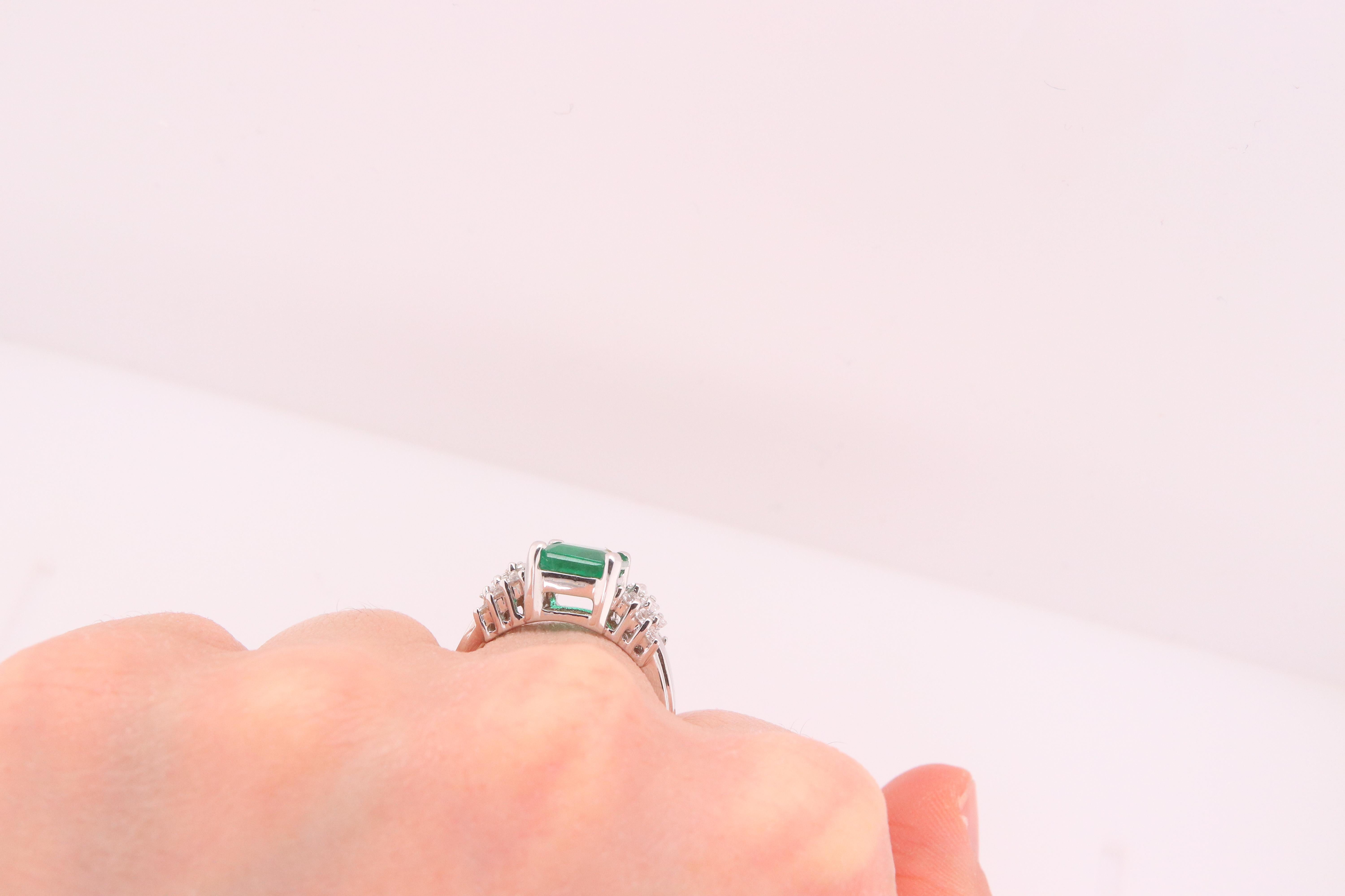 Emerald Cut 1.98 Carat Natural Emerald and Baguette White Diamond Ring 18K White Gold