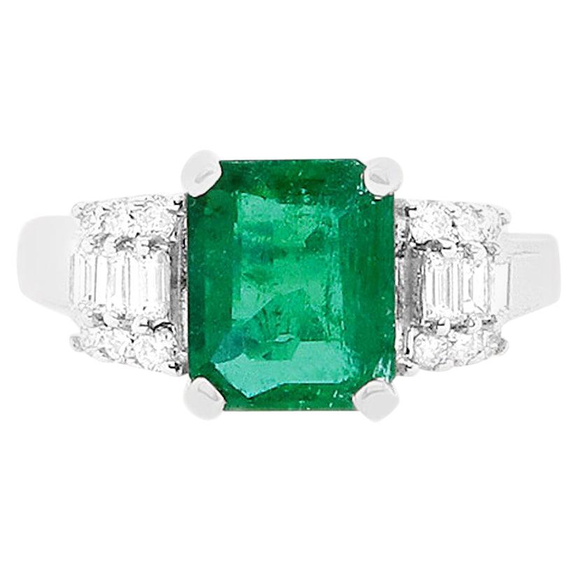 1.98 Carat Natural Emerald and Baguette White Diamond Ring 18K White Gold