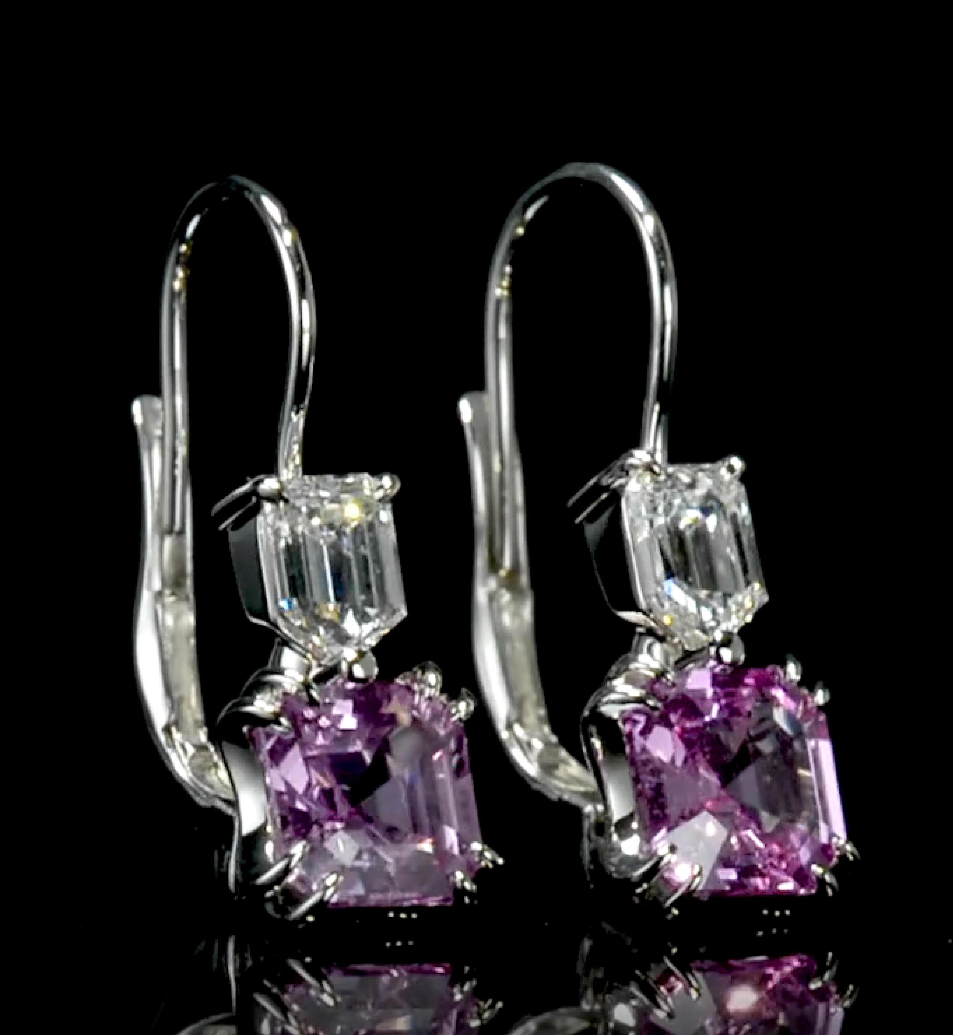 Contemporary 1.98 Carat Emerald Cut Pink Sapphire and Diamond Earrings