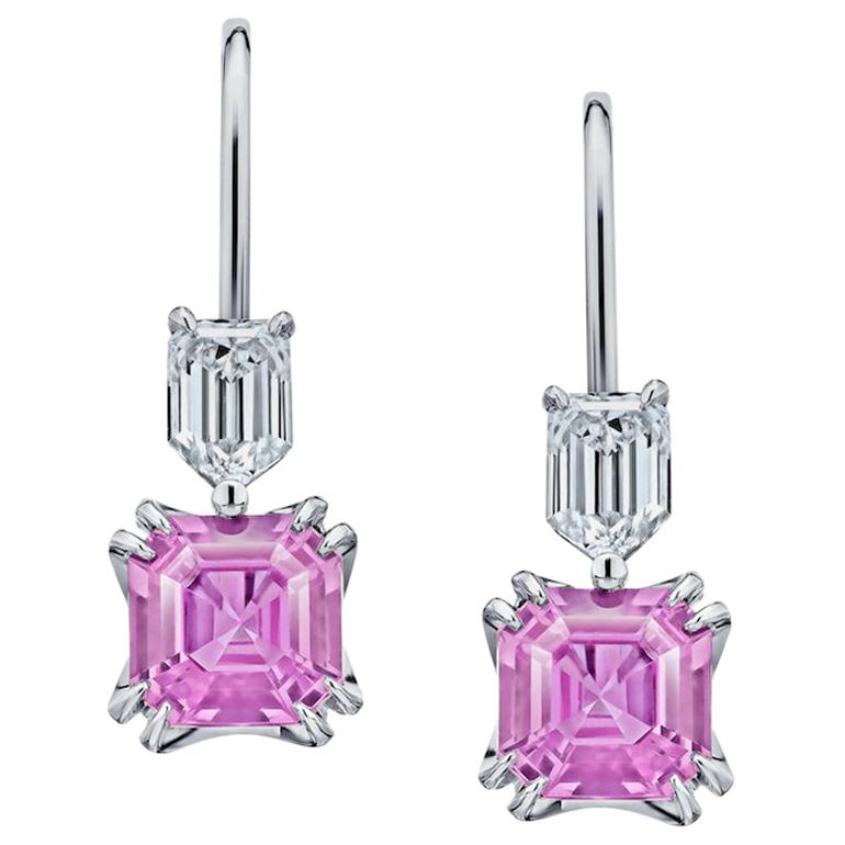 1.98 Carat Emerald Cut Pink Sapphire and Diamond Earrings