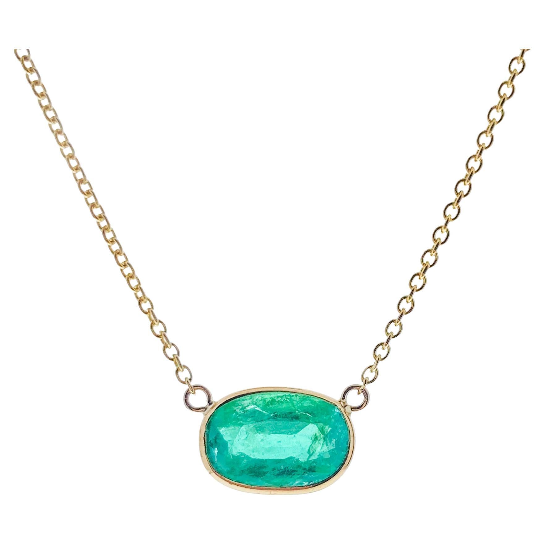 1.98 Carat Green Emerald Oval Cut Fashion Necklaces In 14K Yellow Gold
