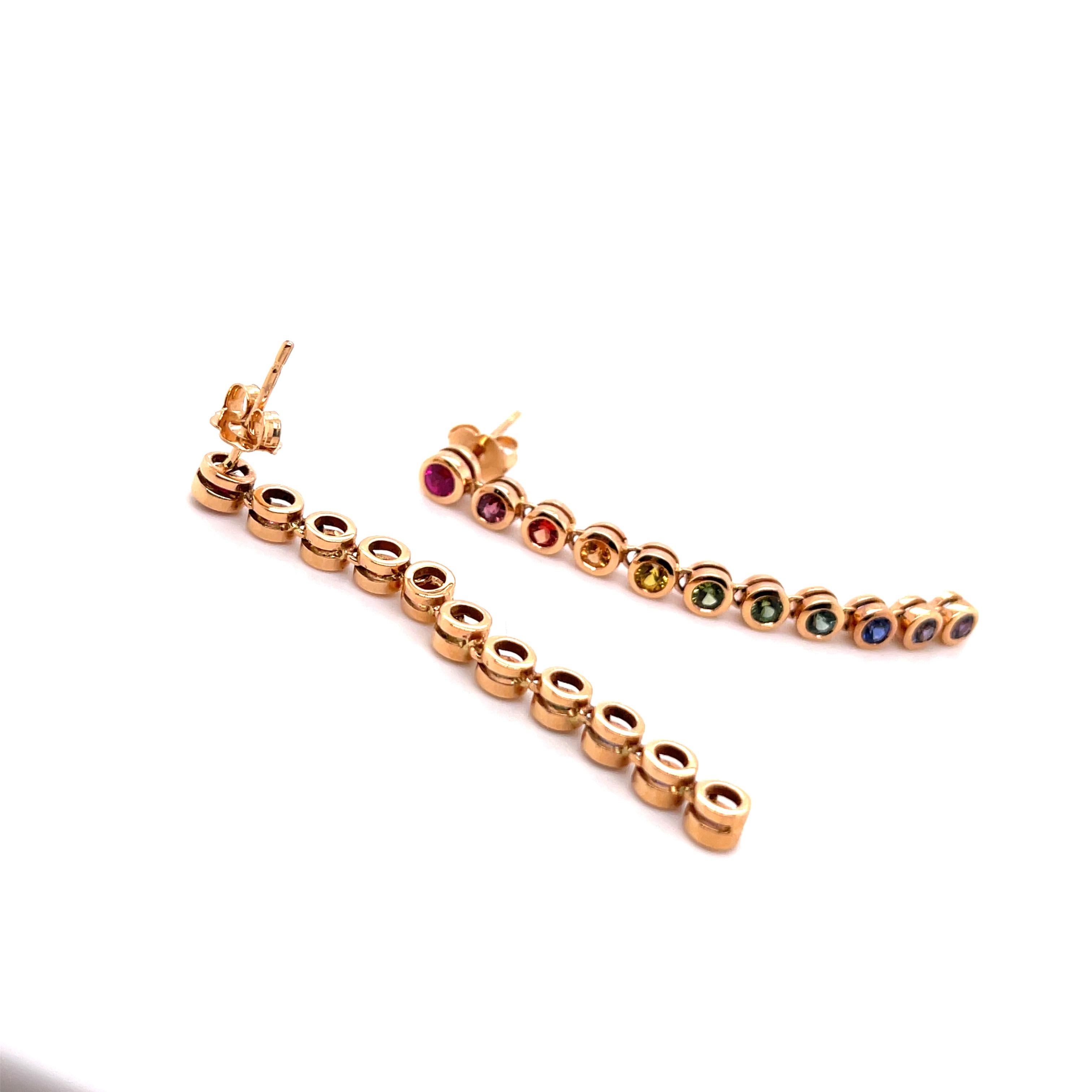 Contemporary 1.98 Carat Multi-Color Princess Cut Sapphire Earrings in 18 Karat Gold
