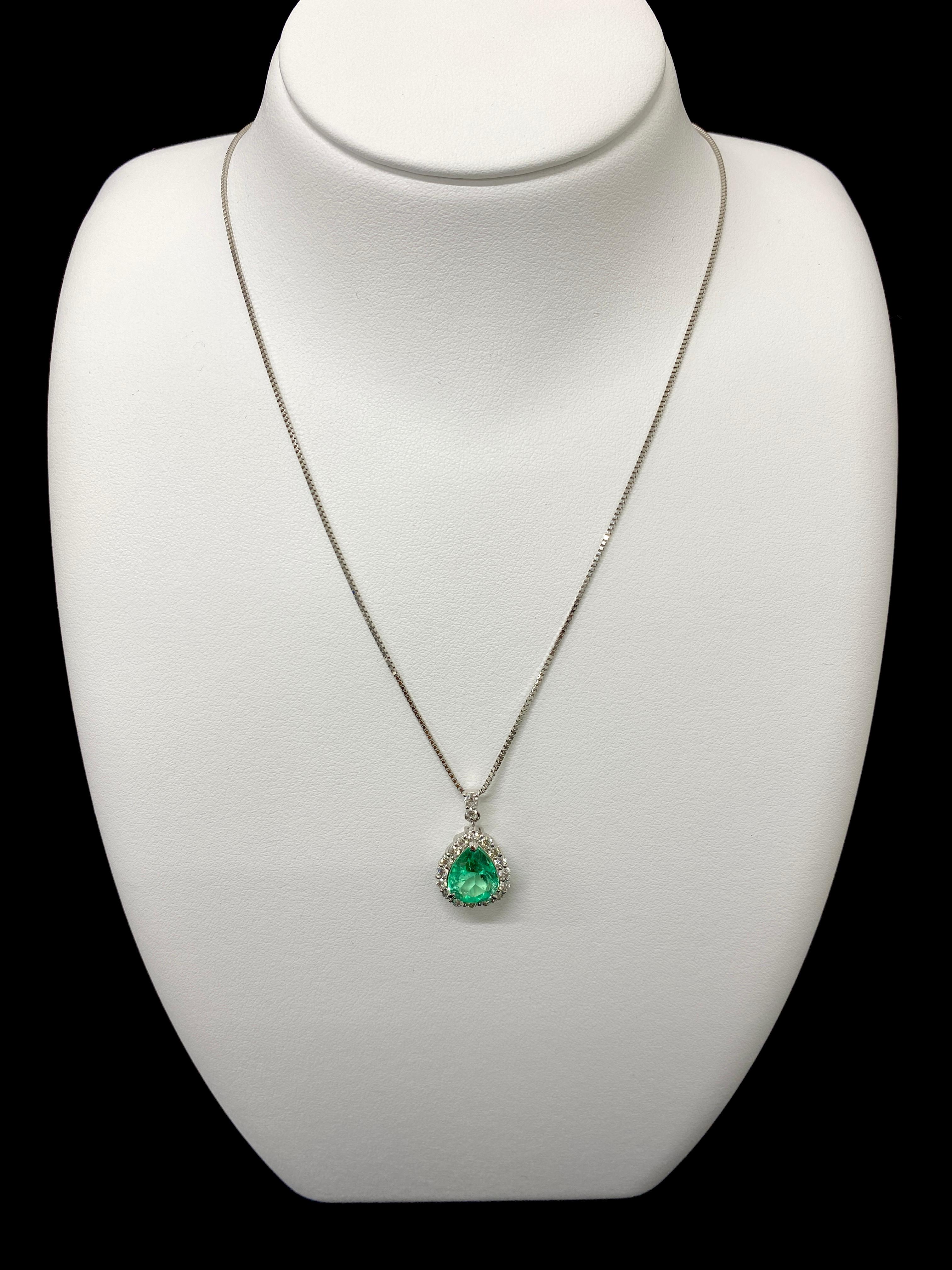 A stunning Pendant featuring a 1.98 Carat, Natural Emerald and 0.54 Carats of Diamond Accents set in Platinum. People have admired emerald’s green for thousands of years. Emeralds have always been associated with the lushest landscapes and the