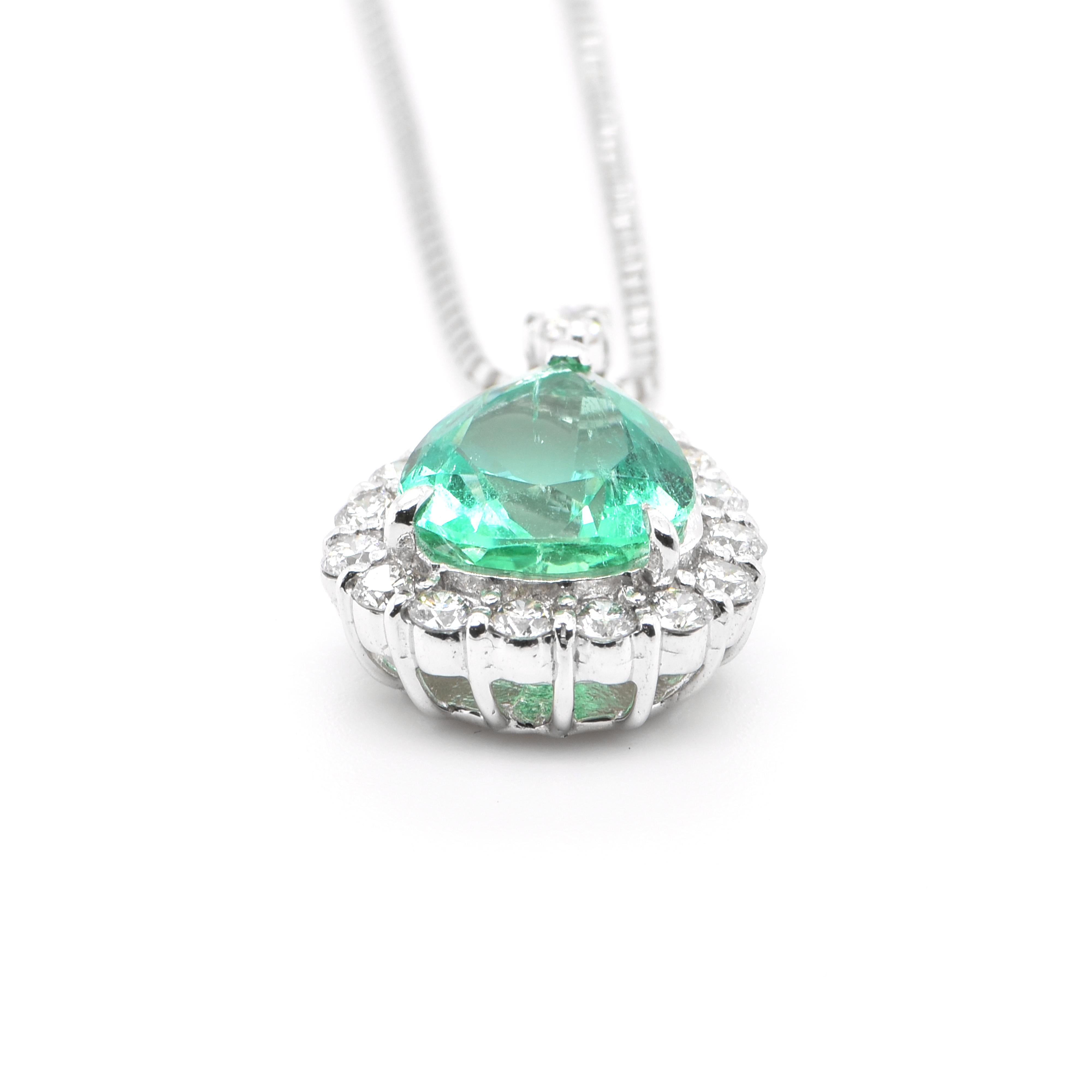 Modern 1.98 Carat Natural Pear-Shape Emerald and Diamond Drop Pendant Set in Platinum
