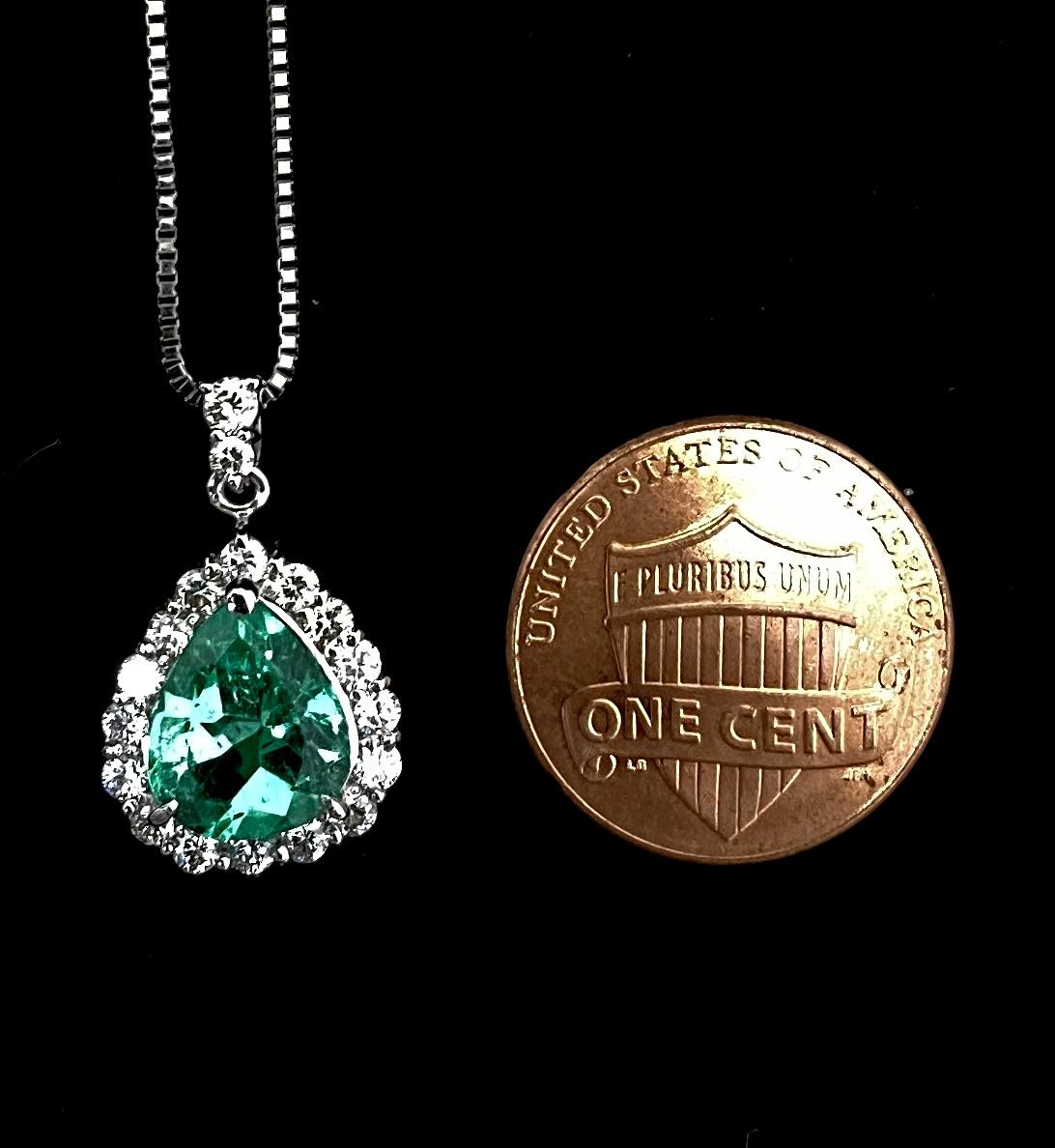 Women's 1.98 Carat Natural Pear-Shape Emerald and Diamond Drop Pendant Set in Platinum