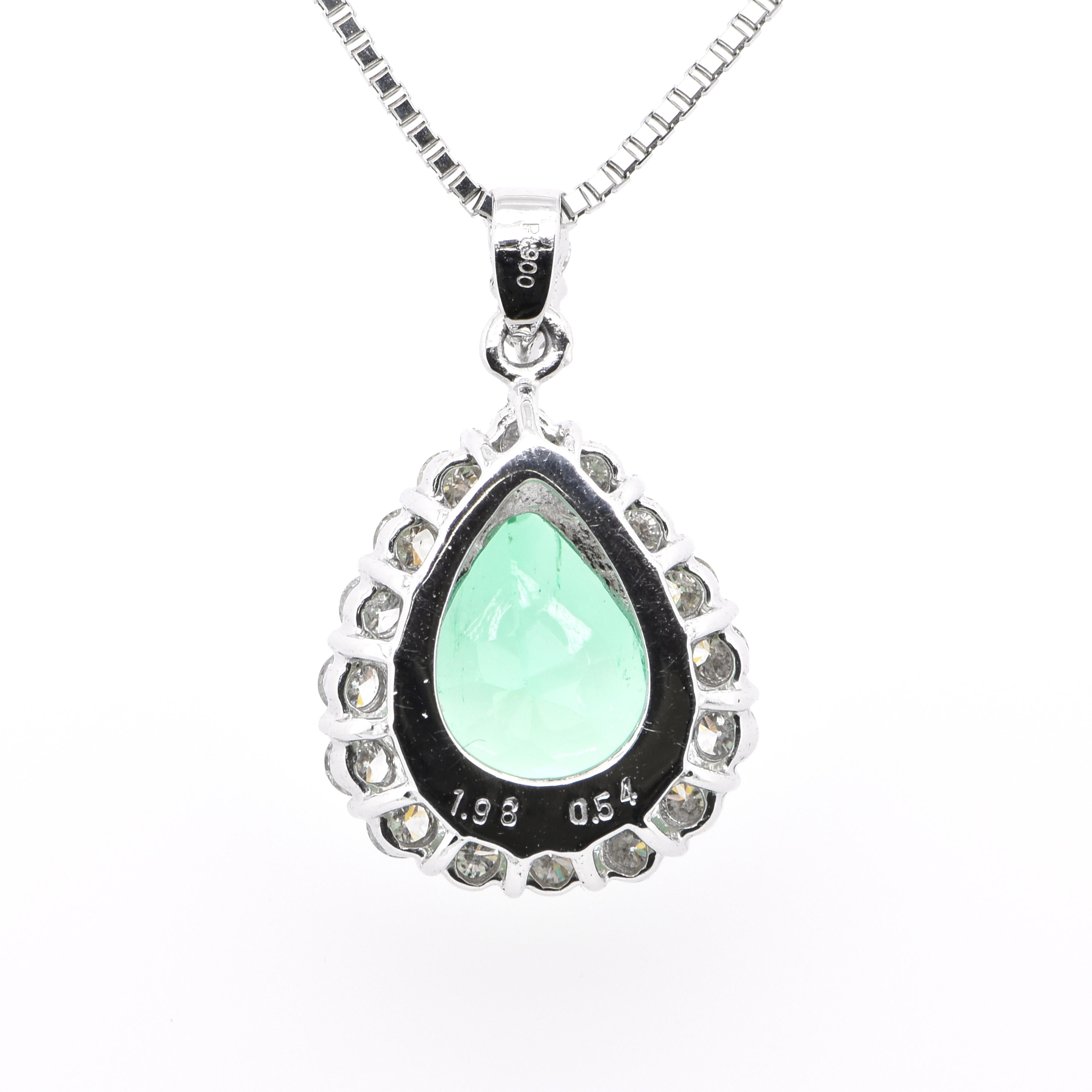 1.98 Carat Natural Pear-Shape Emerald and Diamond Drop Pendant Set in Platinum 1