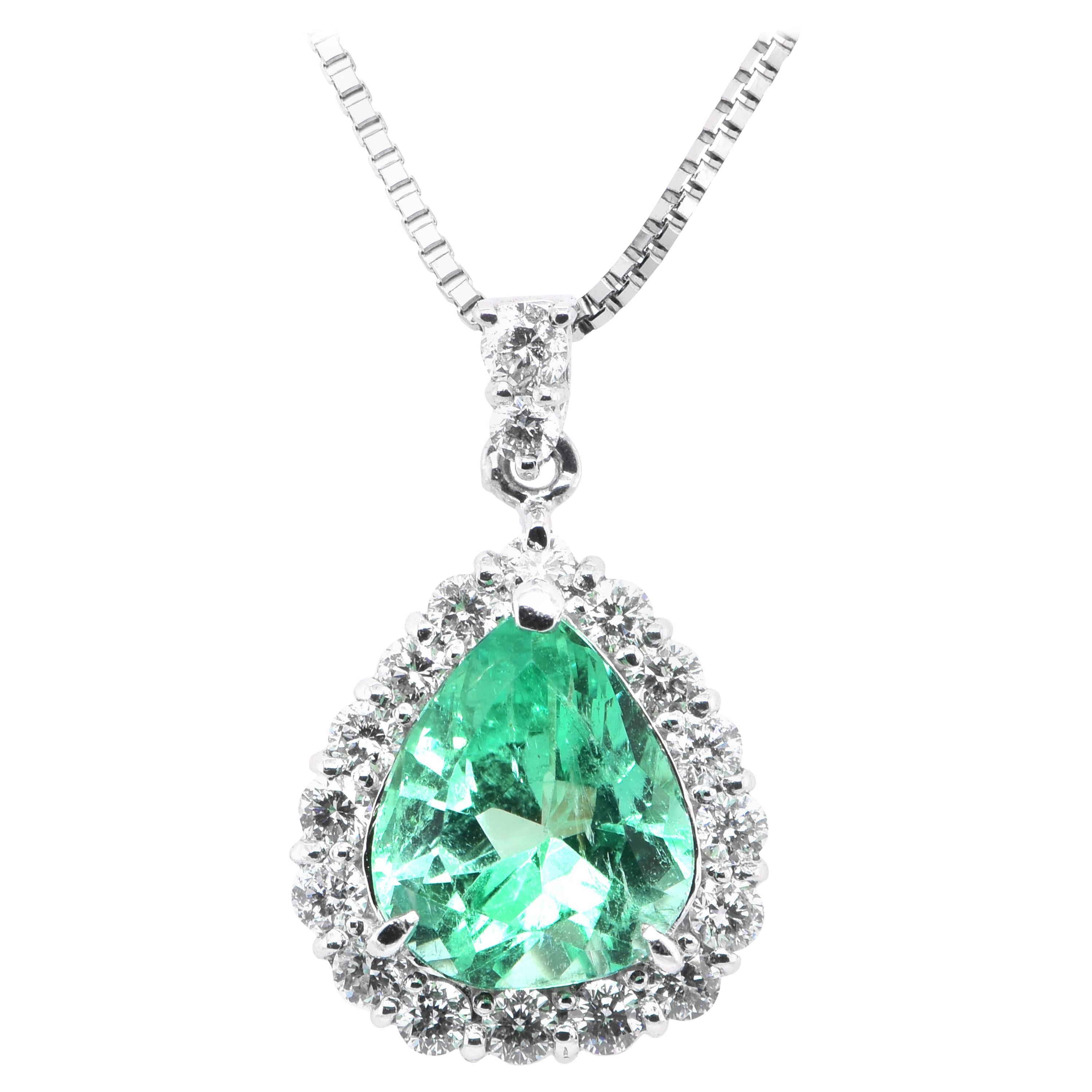 1.98 Carat Natural Pear-Shape Emerald and Diamond Drop Pendant Set in Platinum
