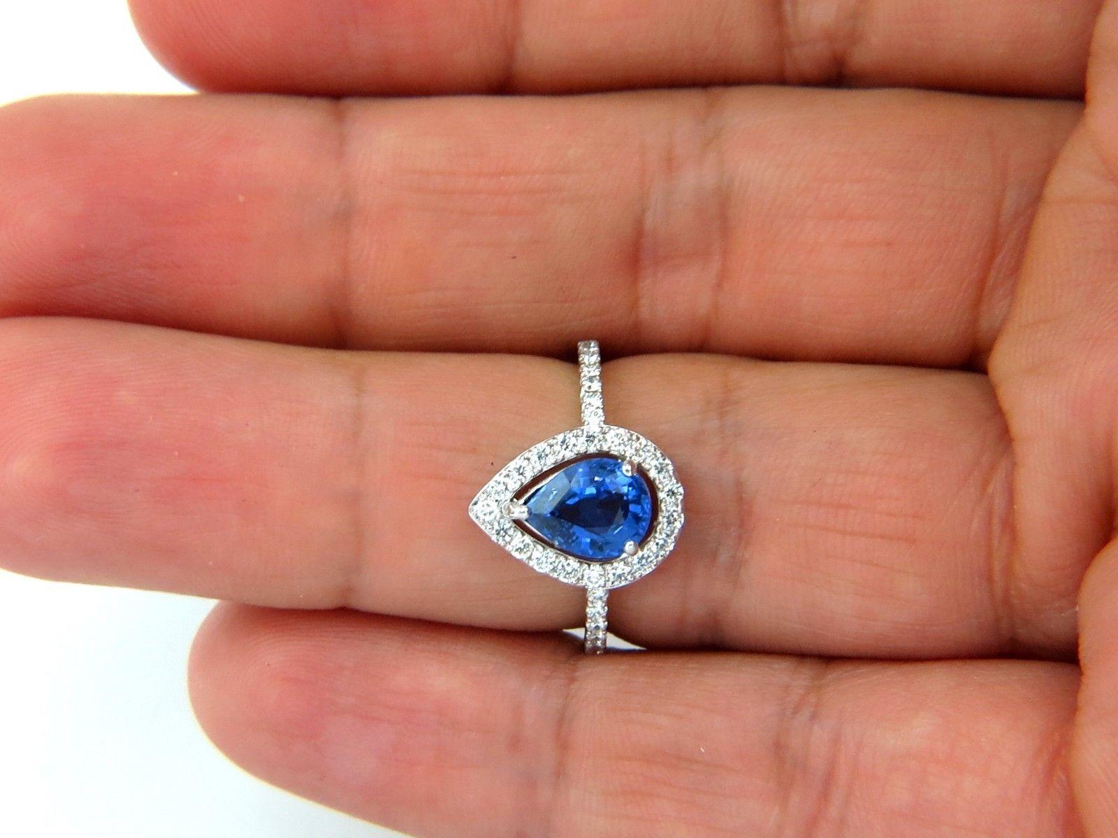 1.98 Carat Natural Sapphire Diamonds Halo Pear Ring 14 Karat In New Condition For Sale In New York, NY