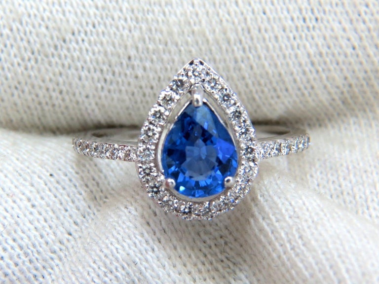 1.98 Carat Natural Sapphire Diamonds Halo Pear Ring 14 Karat For Sale 1