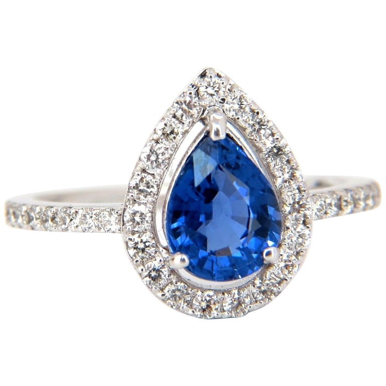 1.98 Carat Natural Sapphire Diamonds Halo Pear Ring 14 Karat For Sale