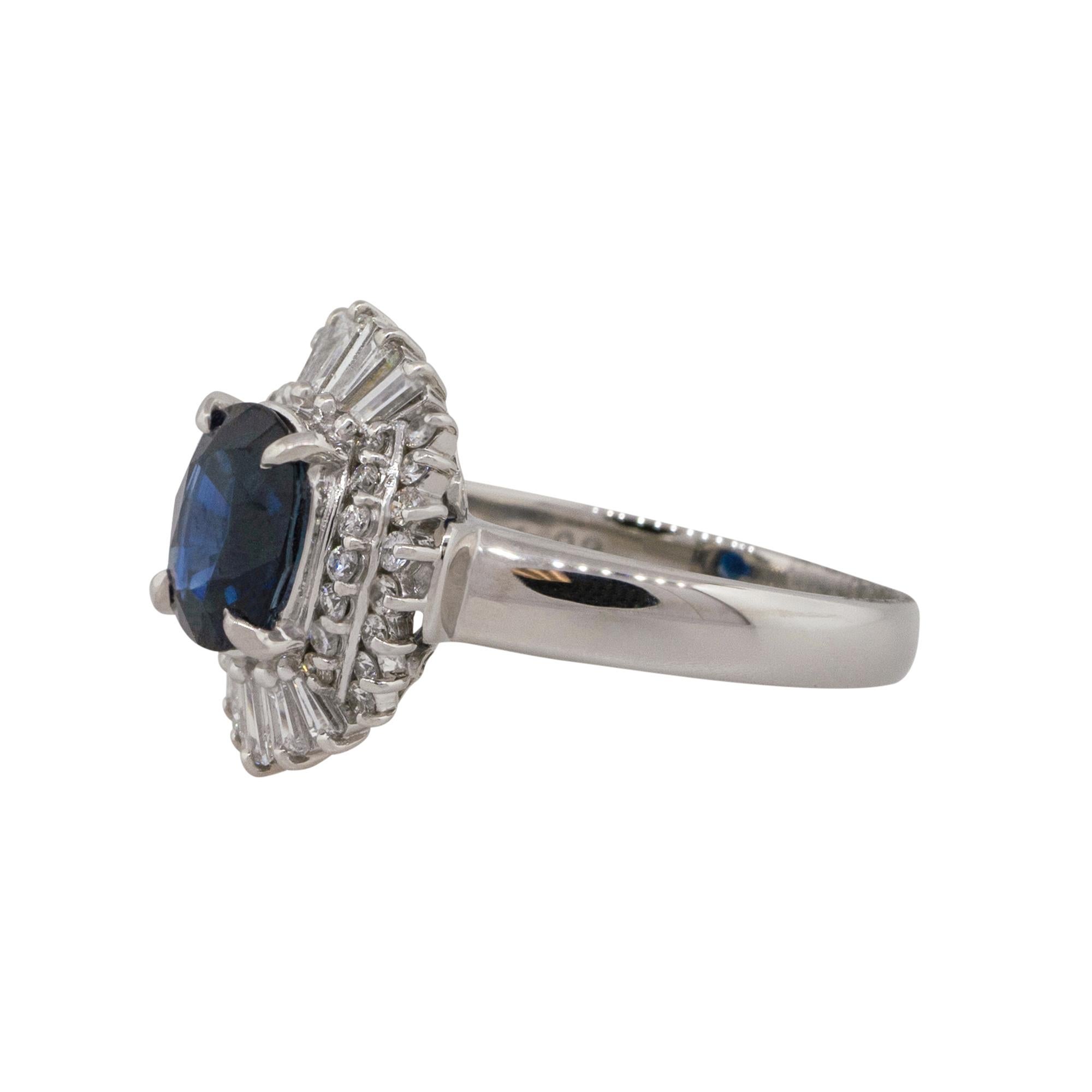 Material: Platinum
Gemstone details: Approx. 1.98ctw oval shaped Sapphire center gemstone
Diamond details: Approx. 0.60ctw of round and baguette cut Diamonds. Diamonds are G/H in color and VS in clarity
Ring Size: 6.75 
Ring Measurements: 0.75